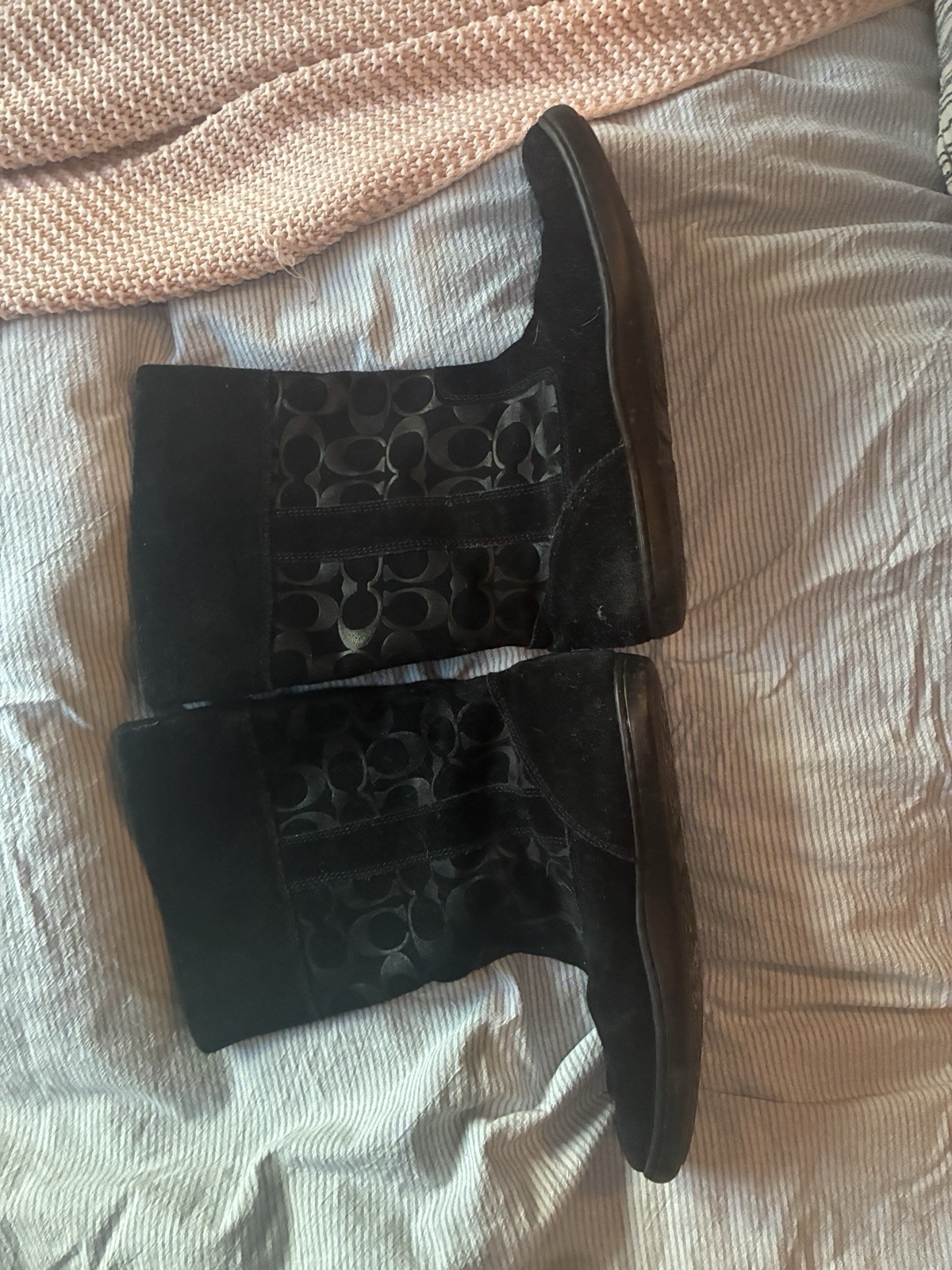 Coach Women’s 8.5 Black Suede Mid-Calf Logo Round Toe Buckle Boots