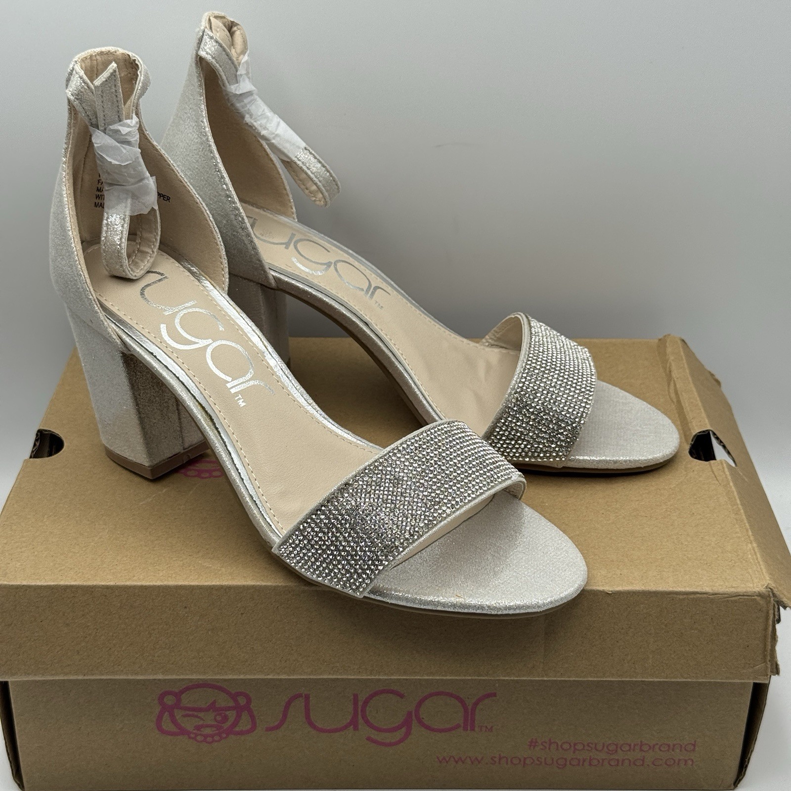 Sugar Machelene Silver Block Heel Sandals 7.5M Rhinestone Glitter NIB