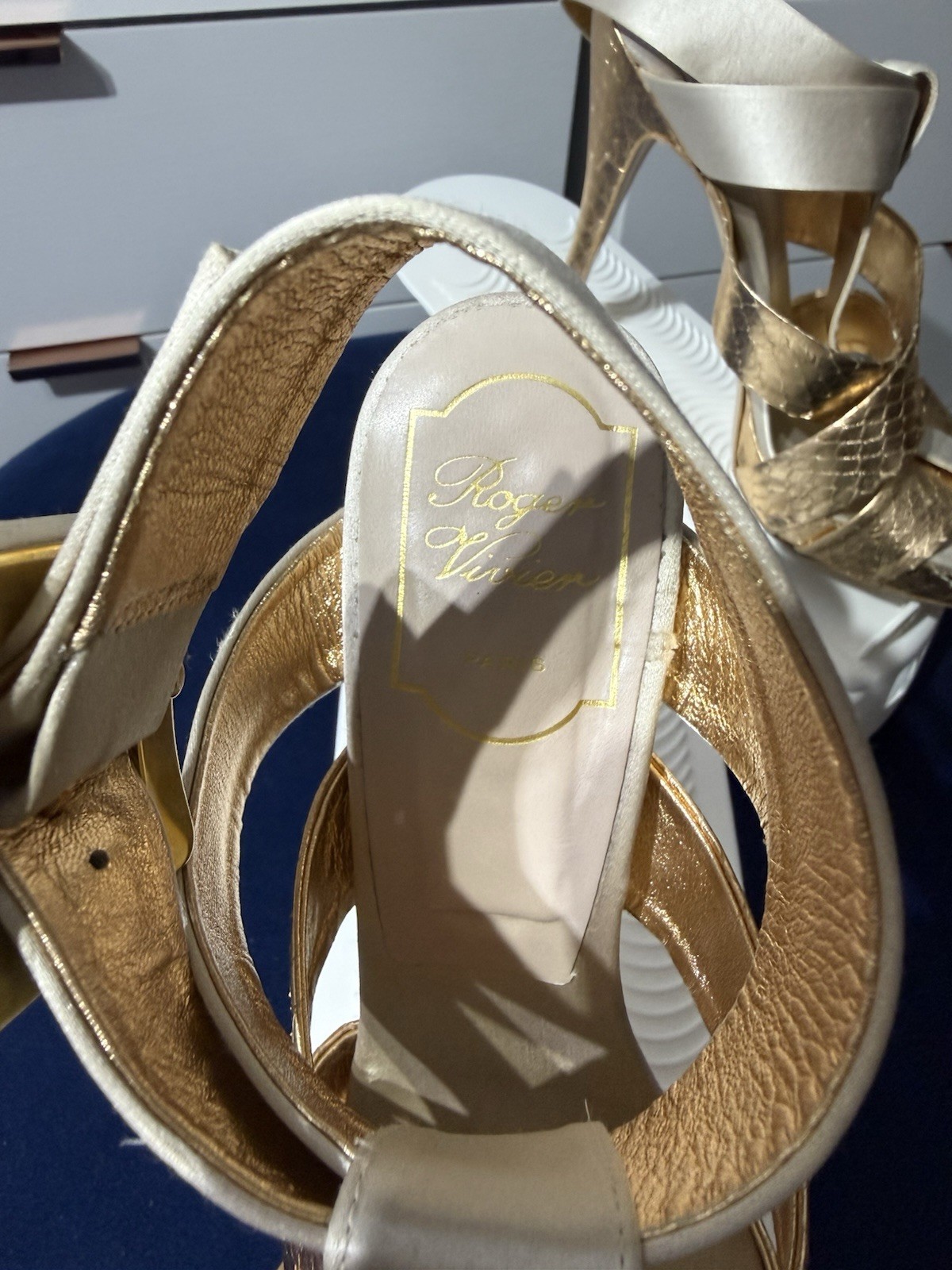 Roger Vivier Strappy Satin Gold Ankle Heels