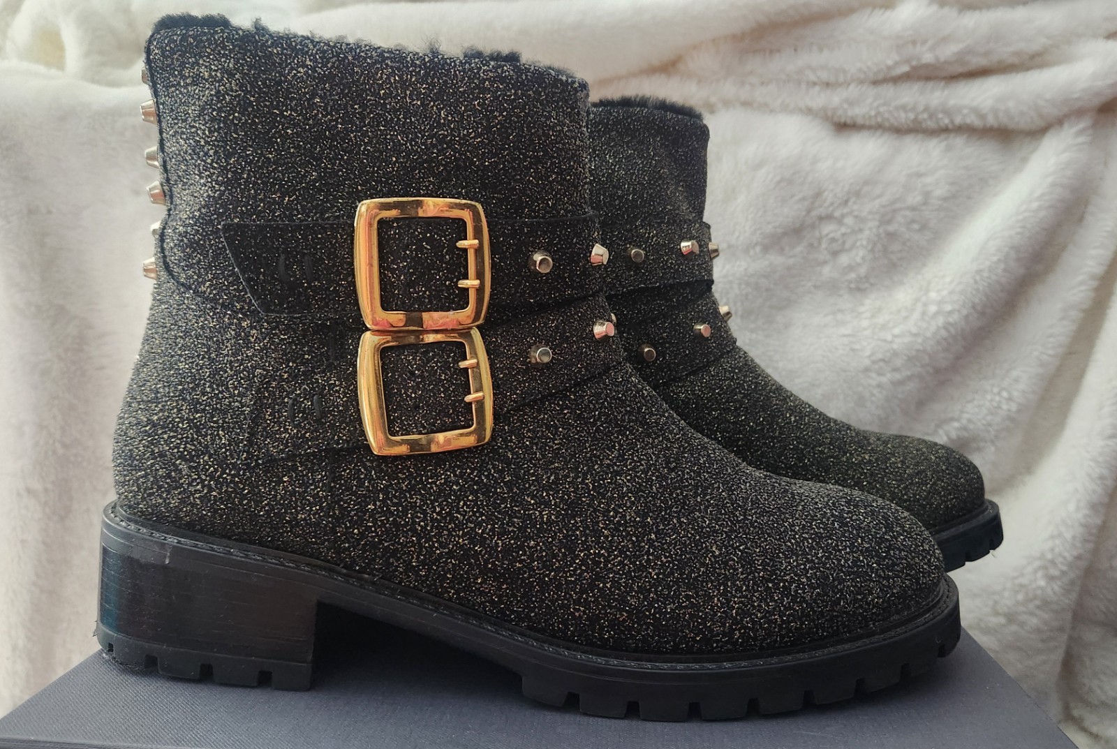 Ross & Snow Women’s Black/Gold Glitter Studded Double Buckle Ankle Boot, Size 10