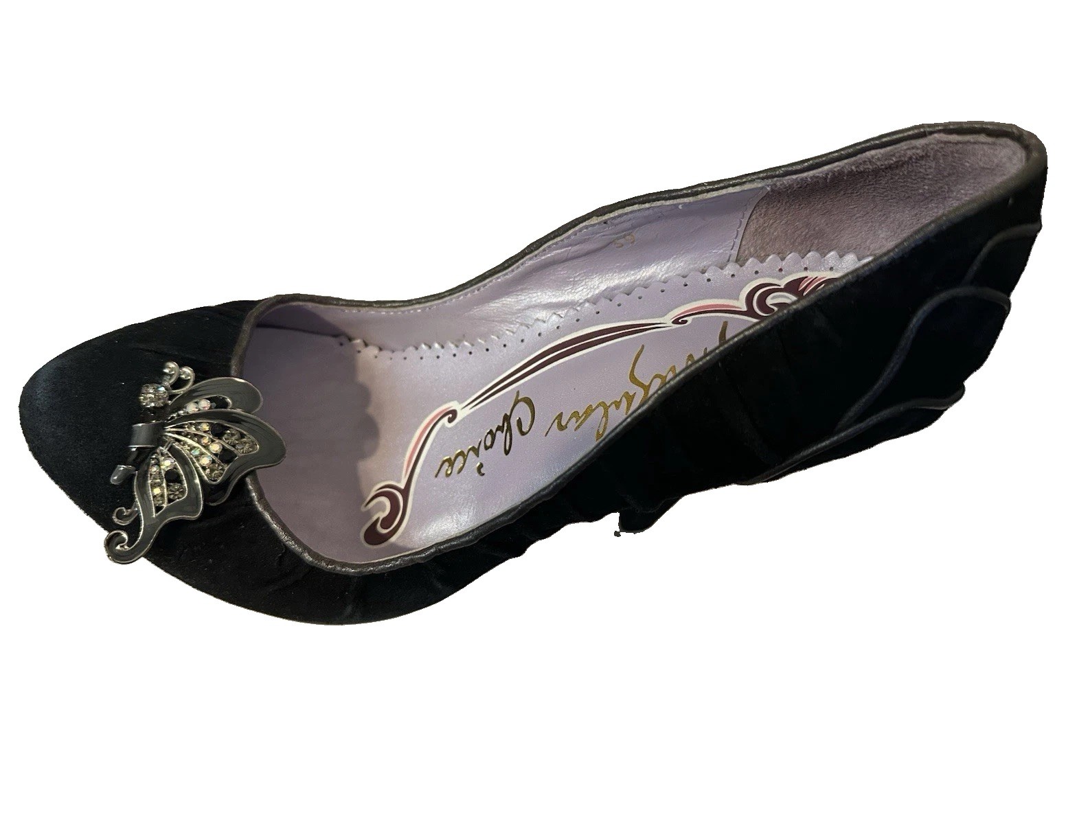 Irregular Choice Black Suede Closed Toe Pump Rhinestone Butterfly Stiletto