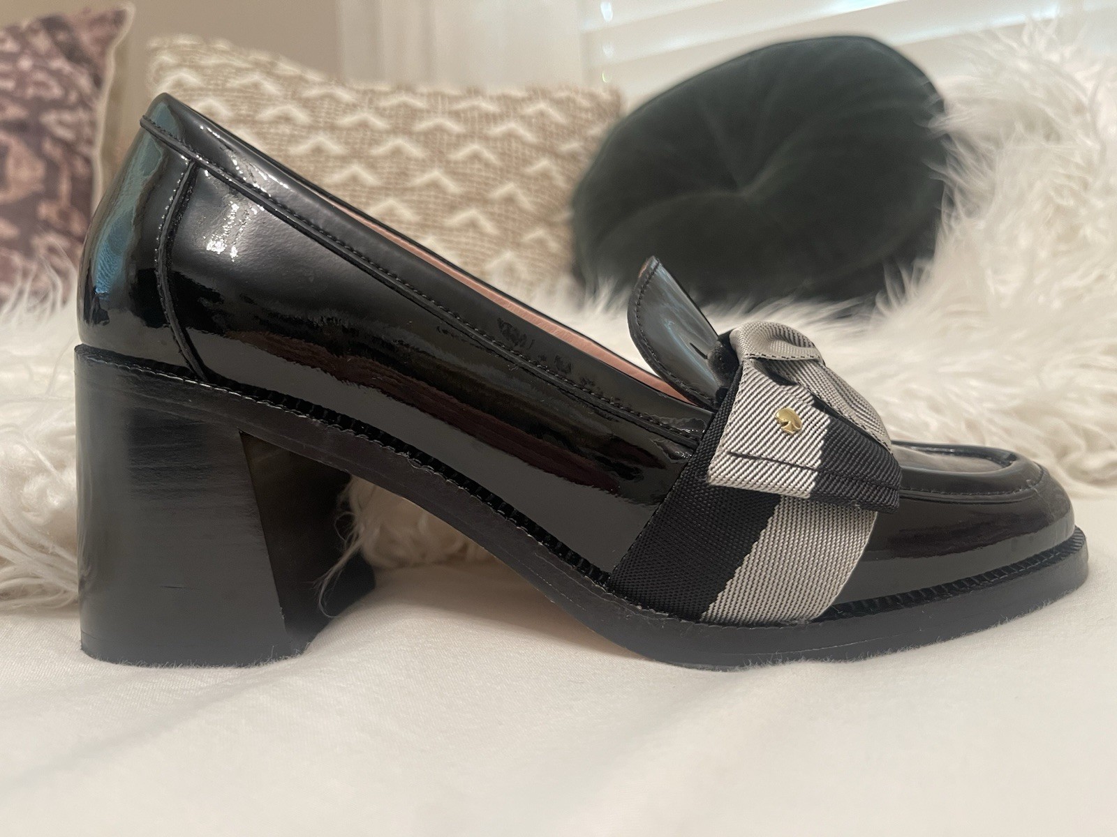 Kate Spade New York Black/Gray Patent Leather Plaid Bow Loafers Women’s 6.5 B