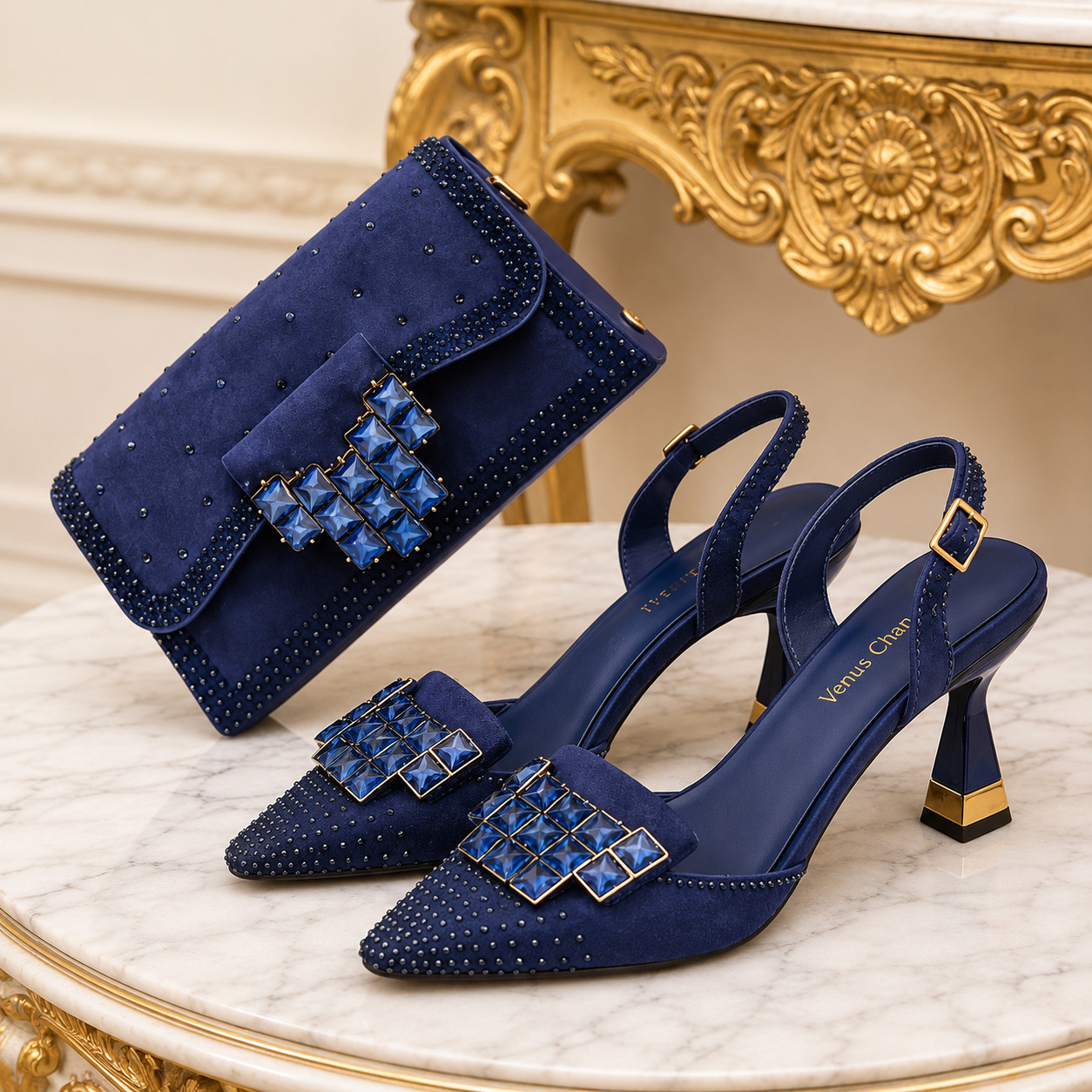 Women’s Pointed-Toe Rhinestone Bow High Heels Wedding Party Shoes and Bag Set