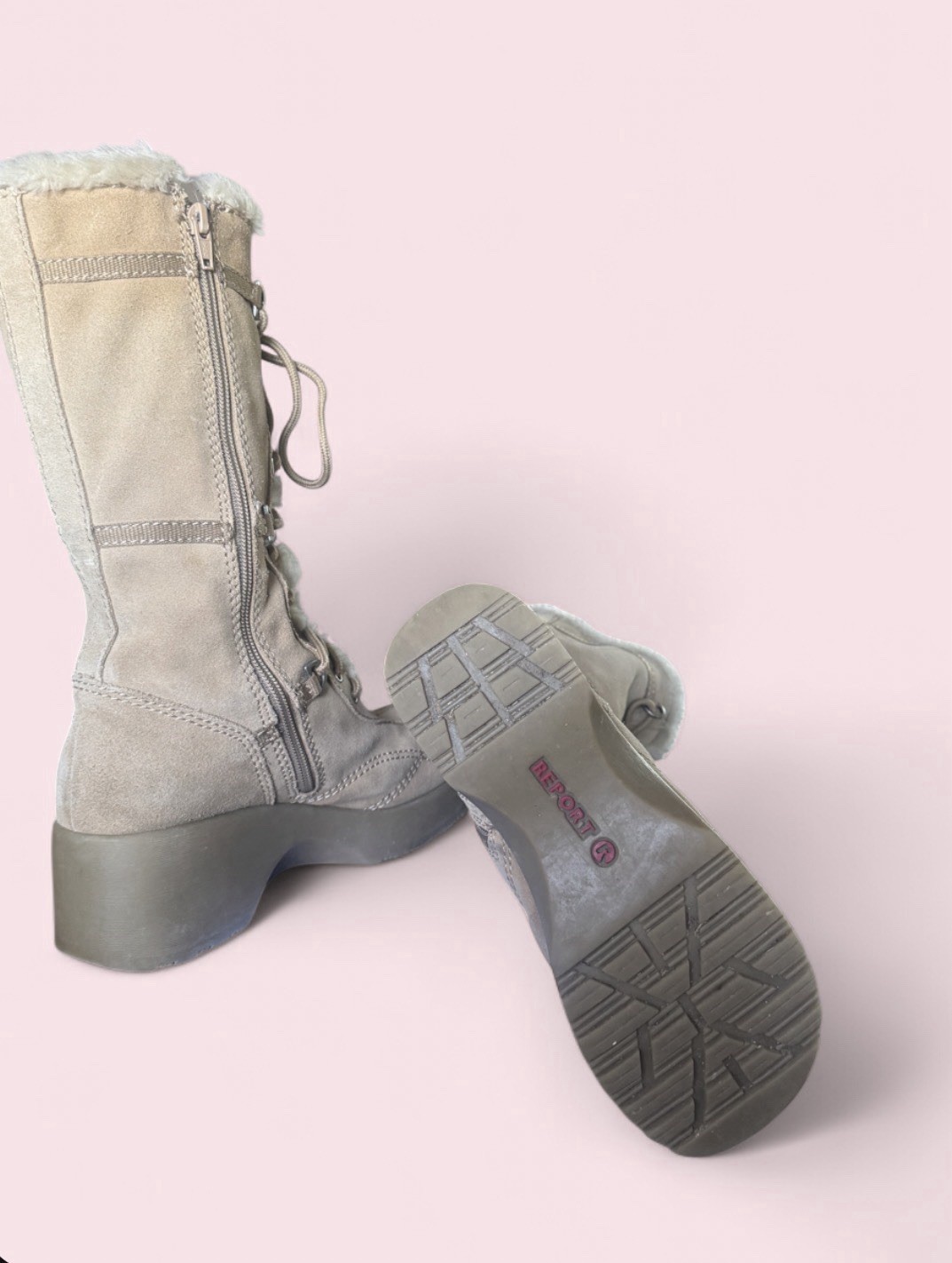 Y2K Vintage Report US W8 Beige Suede Knee High Lace Up Faux Fur Lined Boots