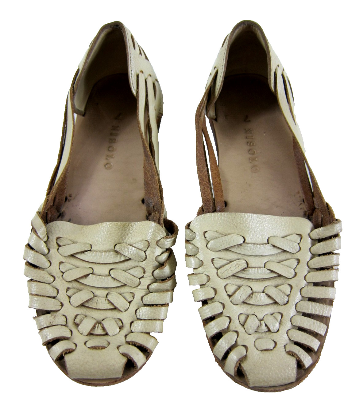 Nisolo 7 Woven Huarache Ivory 100% Leather Sandals Slip On Shoes Mexican Flats