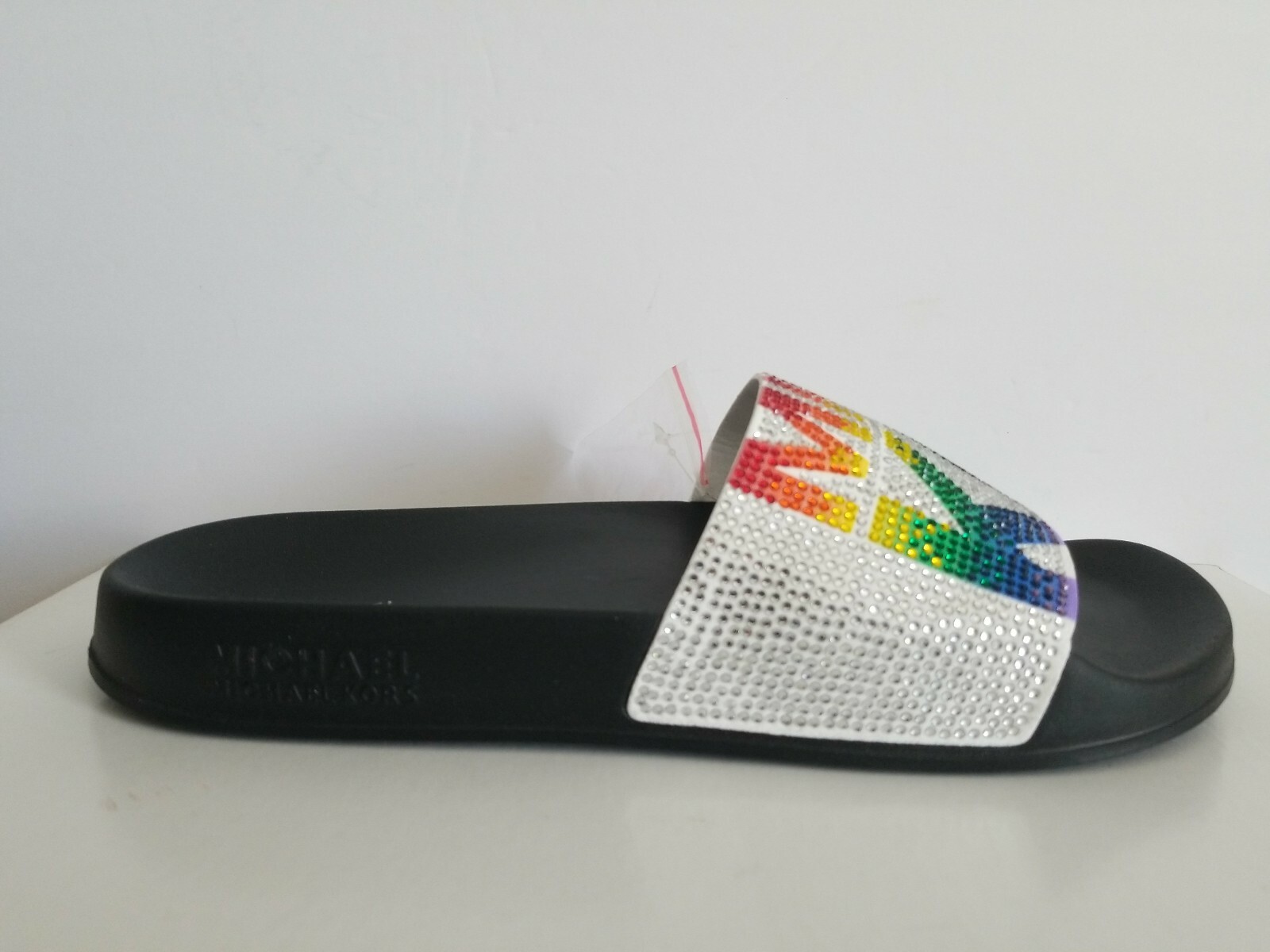 MICHAEL KORS GILMORE WHITE RAINBOW CRYSTAL MK LOGO POOL SLIDES 9 10 11 LOVE SHOE