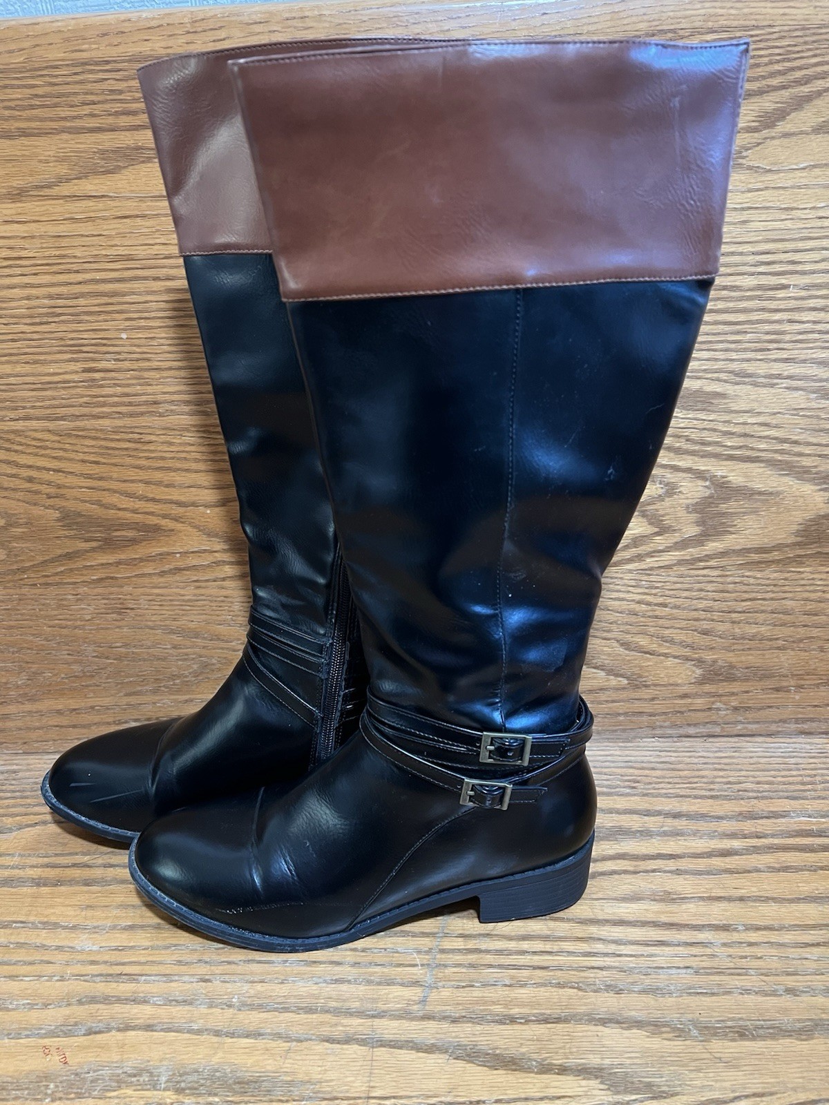 Riding Boots Two-tone Black Brown Tall Buckle Size 9 Trixie Faux Leather Boots