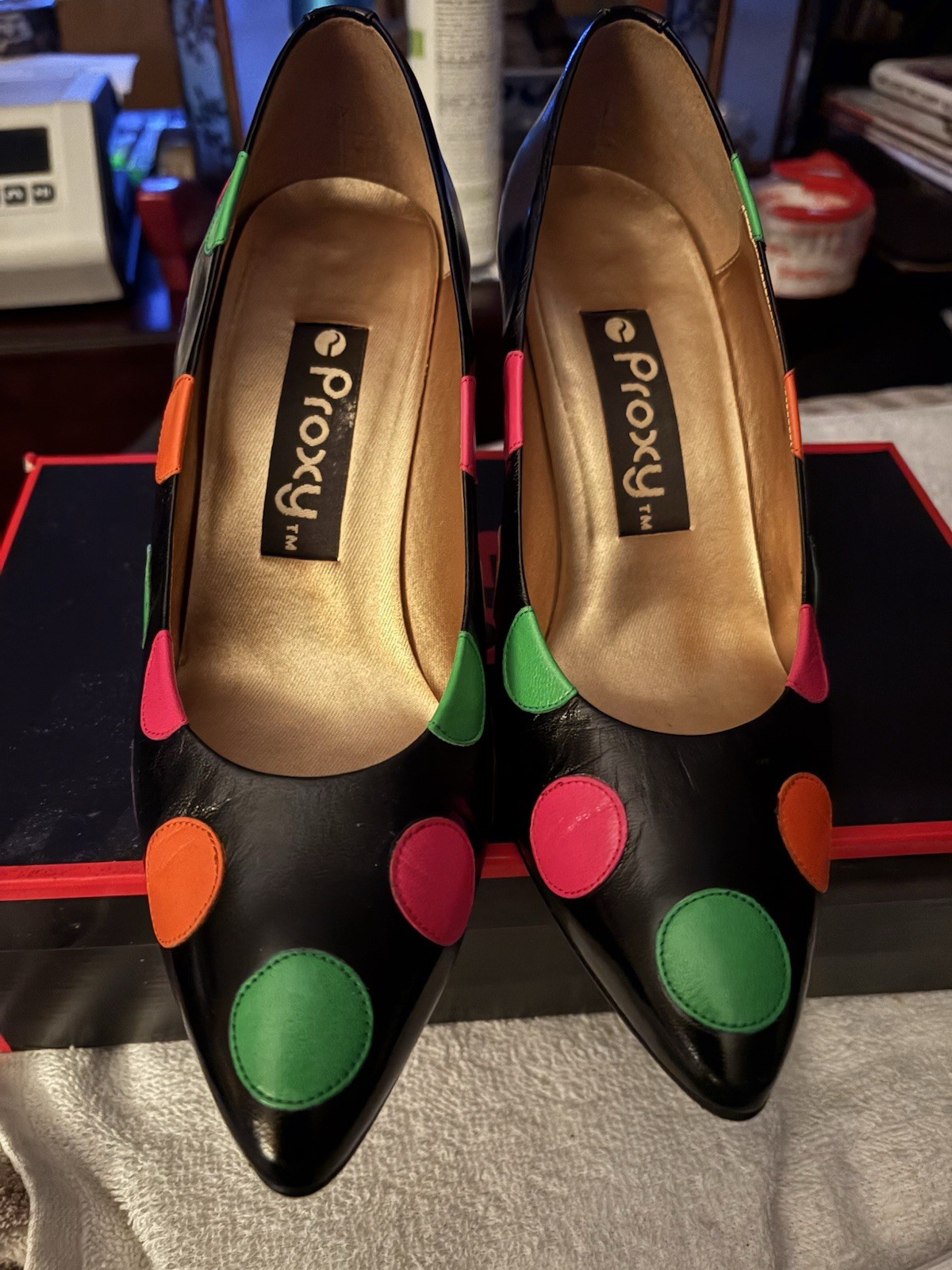 Vintage Proxy Black Multi Color Dots Pumps 2.5 Heels Size 8.5 Medium In Box