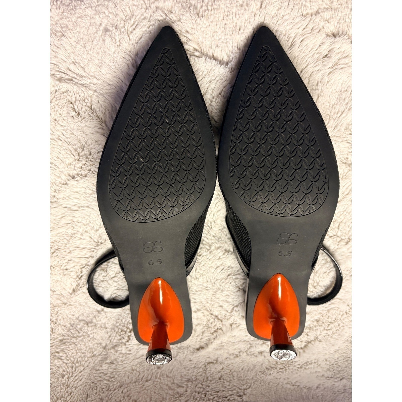 Cosy Island Knit Fabric Black Pointed Toe Slingback Heels Orange Stiletto Sz 6.5