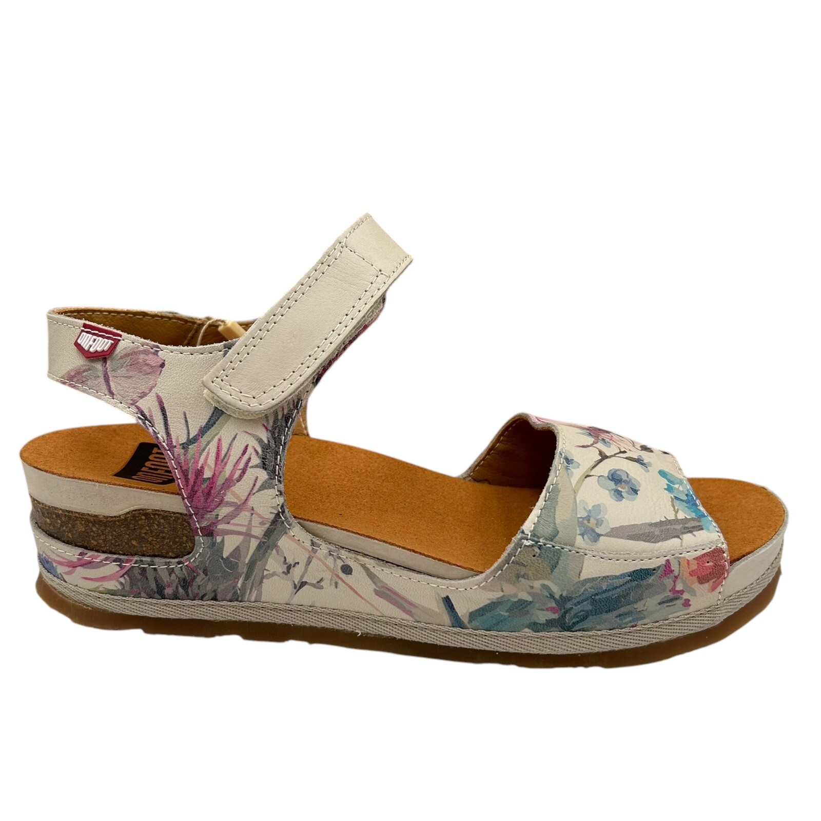 Onfoot Womens Open Toe Leather Sandals Size 8.5/40 Beige/Multicolor Floral Print