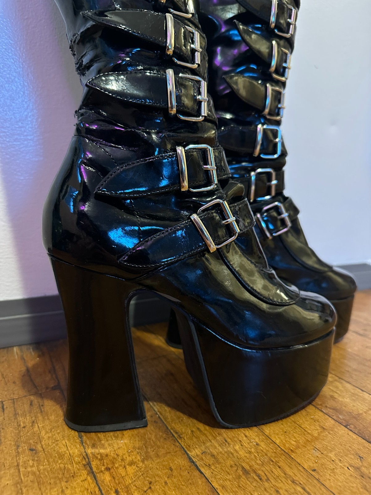 Demonia knee-high Patent Leather Boots, s8, silver hardware adjustable buckles