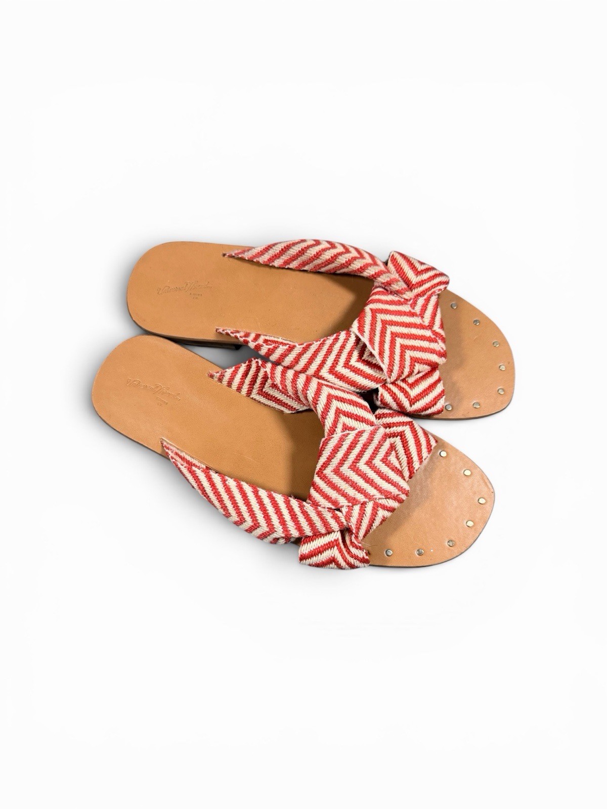 Red and White Chevron Patterned Slip-On Sandals with Studded Toe Detail