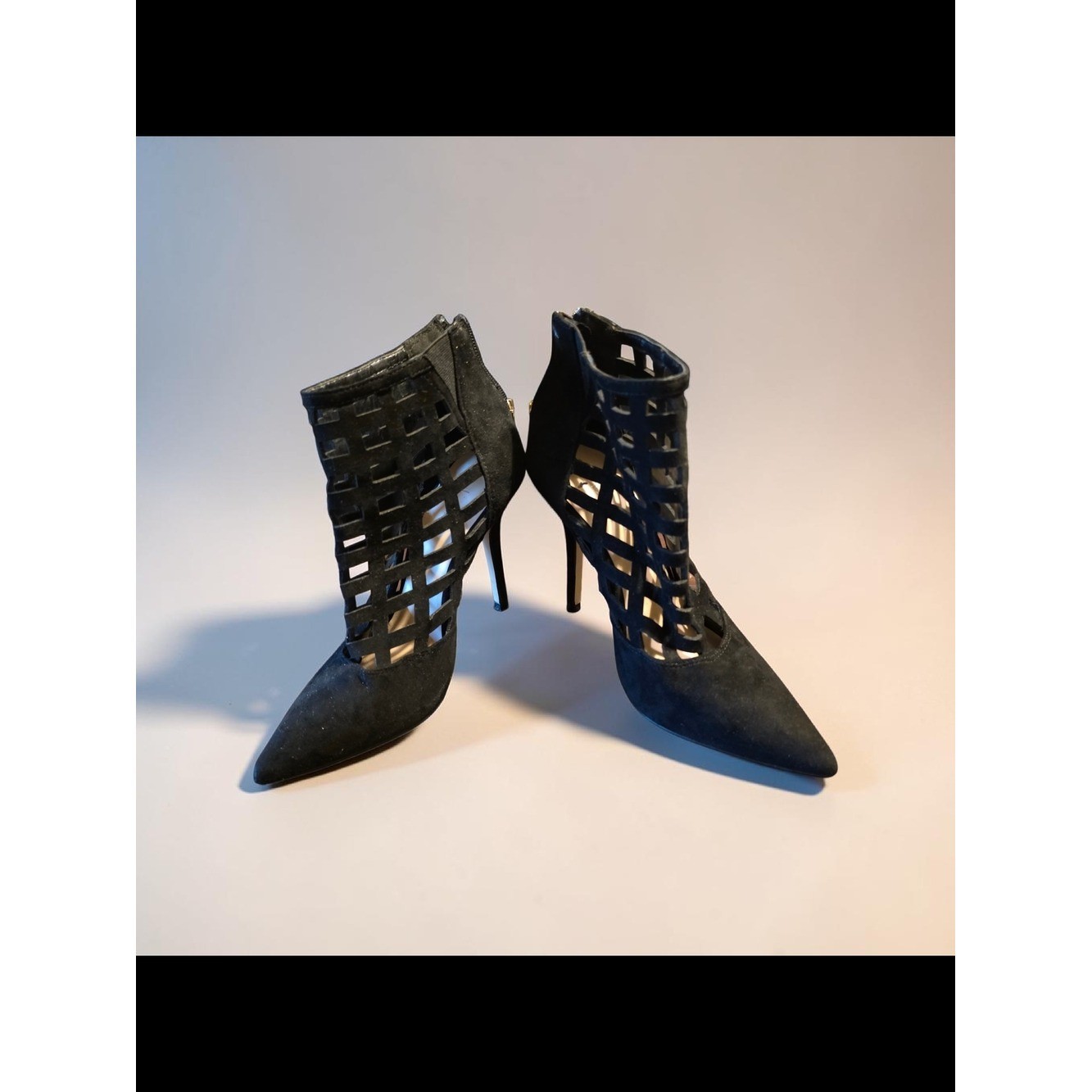 Black Cutout Lattice Pointed-Toe Stiletto Booties