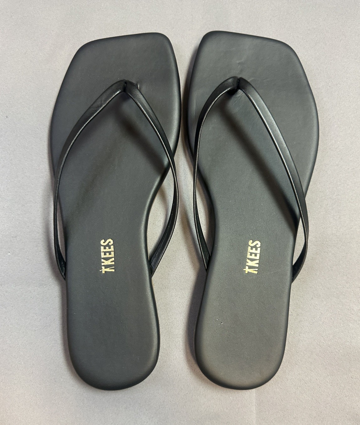 New TKEES Square Toe Lily Women’s Black Leather Thong Sandals/Flip Flops – US 9