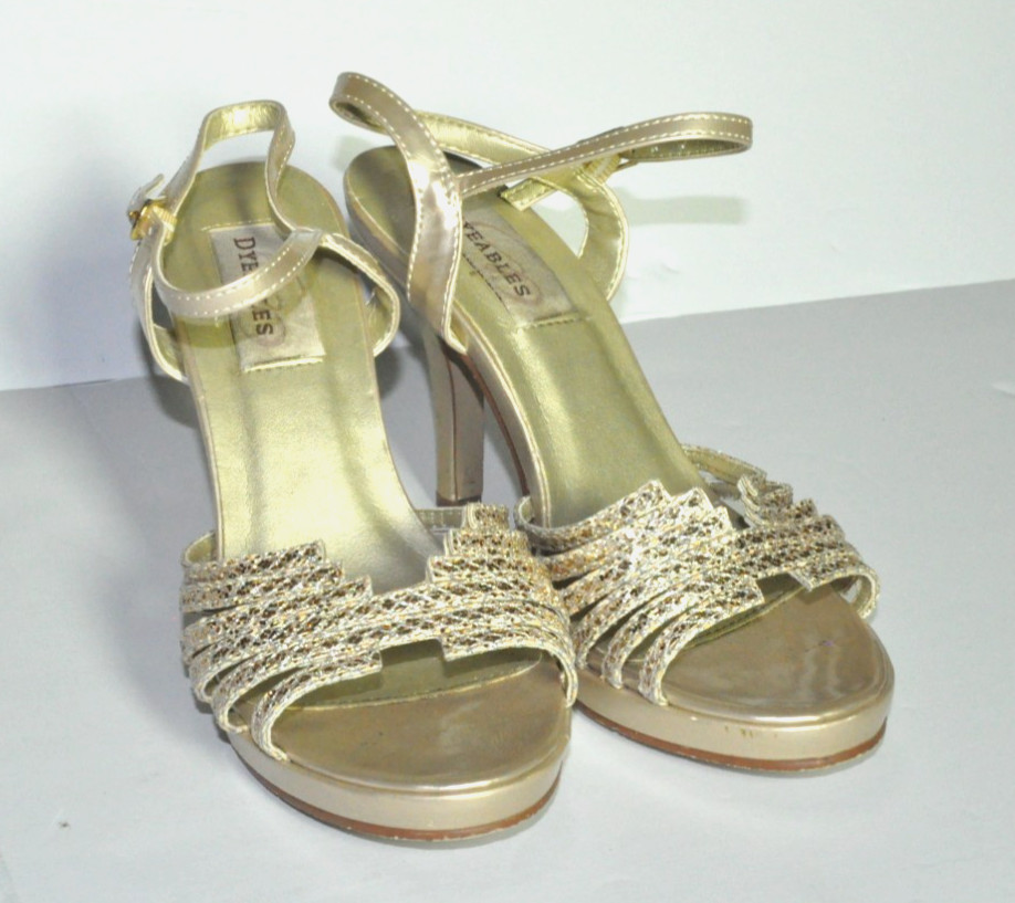 Dyeables Gold Rhinestone Strappy Heels Women’s Size 6.5/7 Formal Dress Sandals