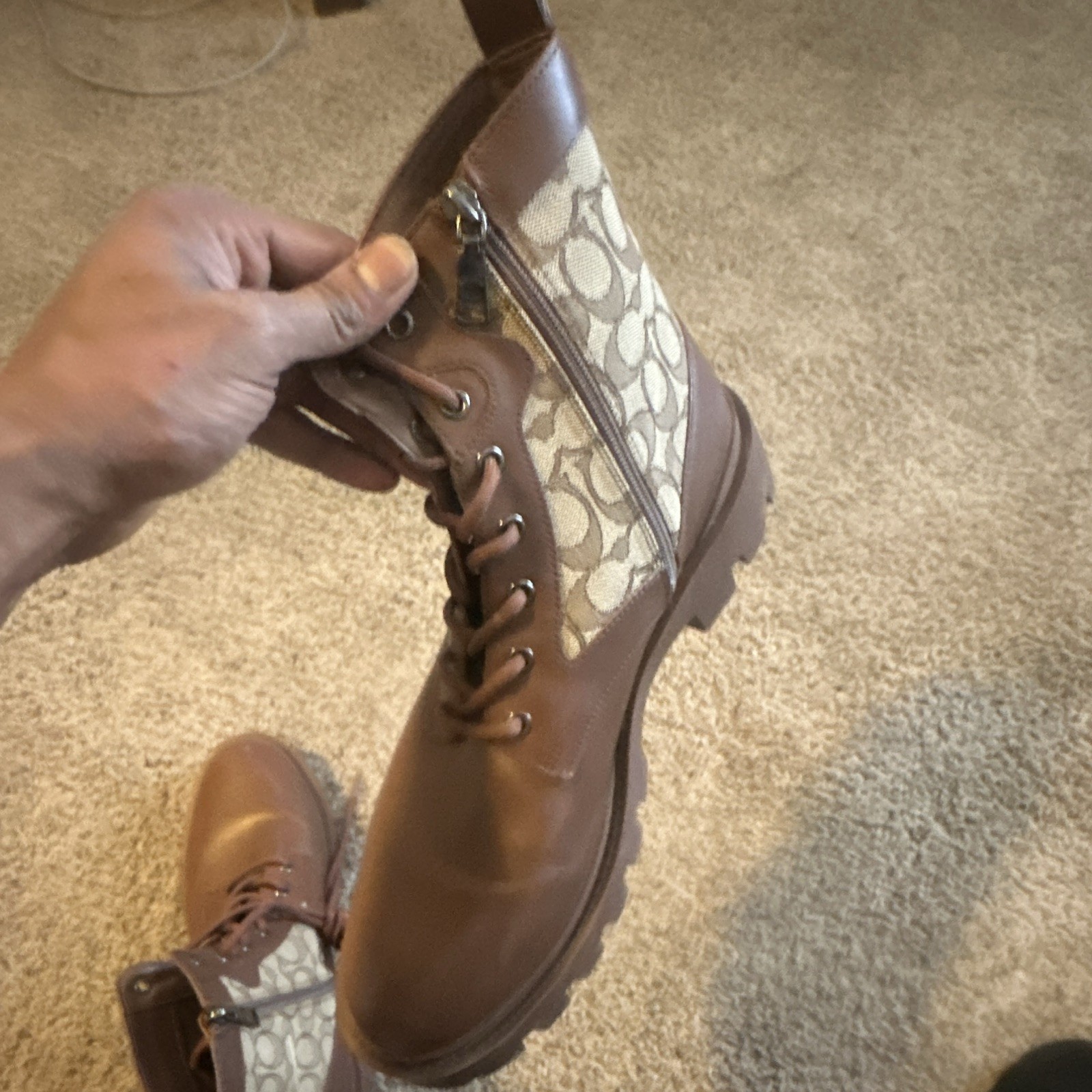 Coach Signature Monogram Canvas Leather Combat Ankle Boots Lug Sole Zip 11.5