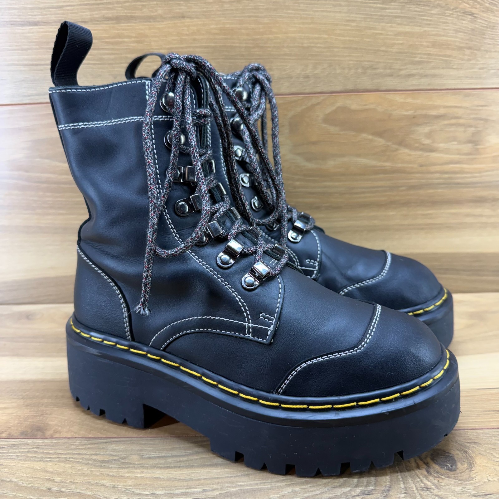 CHENDAN Chunky Platform Boots Womens 8 EU 38 Black Leather Grunge Goth Punk Y2K