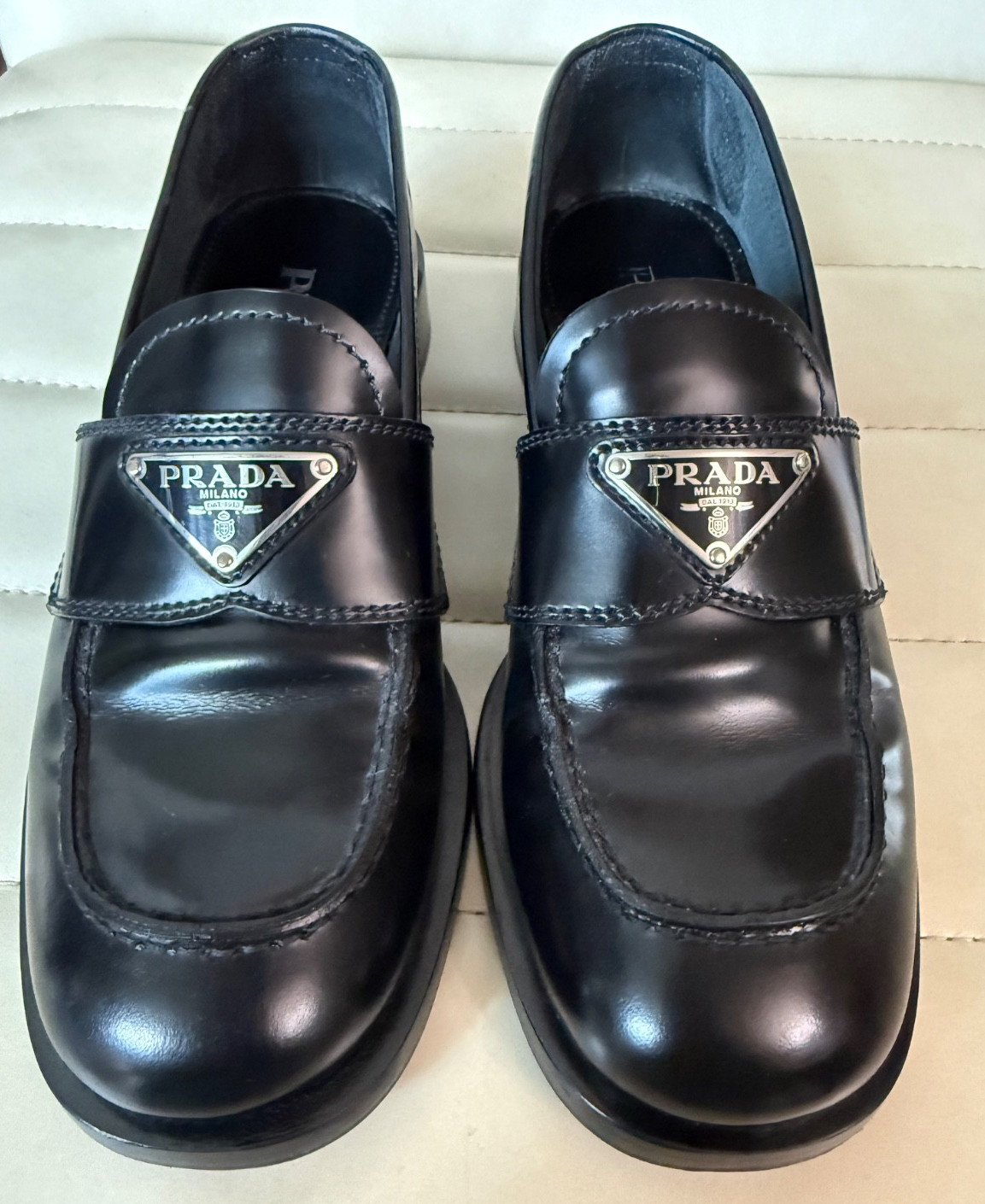 PRADA Womens Black Leather Metal Triangle Logo Loafers Shoes