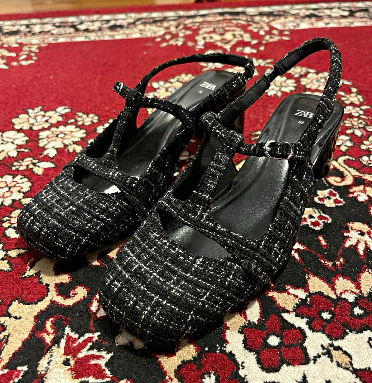 ZARA Women’s Black Tweed Strappy Slingback Square Toe Block Heel, US 7.5