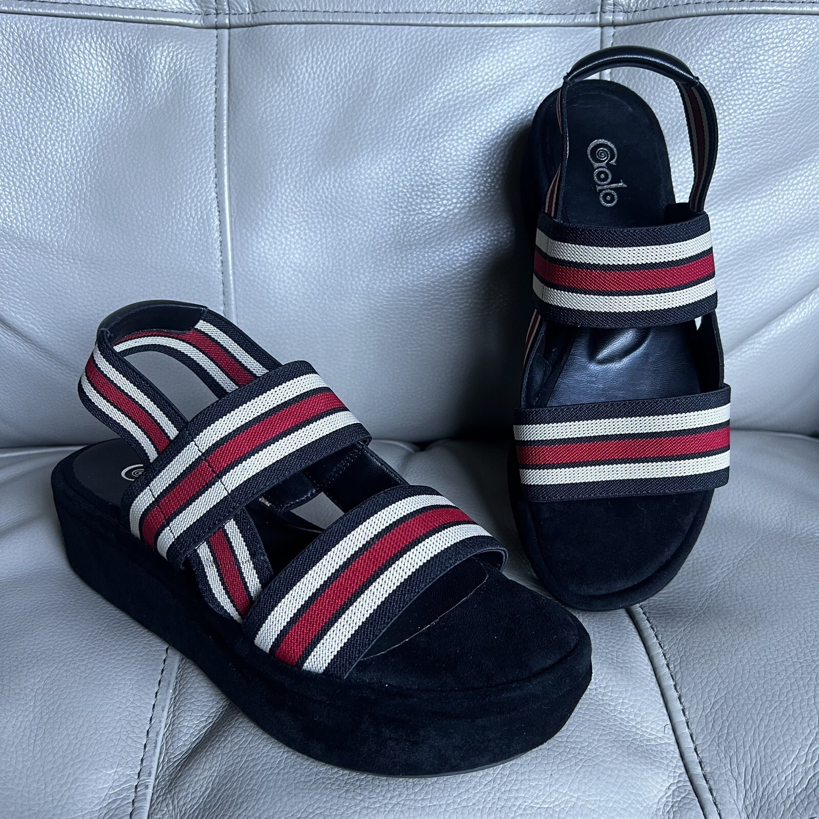 Golo Baird Elastic Strap Platform Sandal Sz 7 Black Red White Chunky Striped