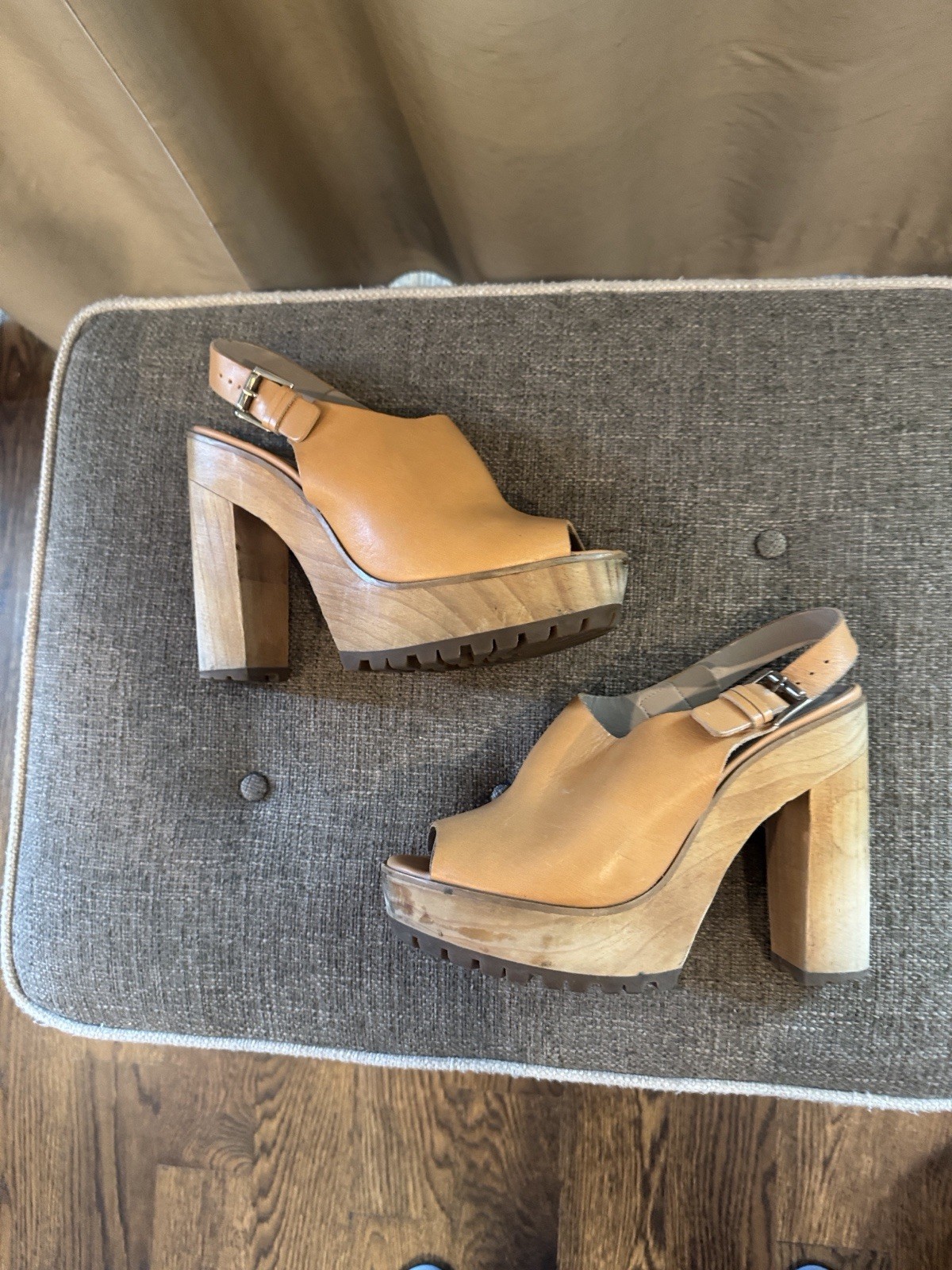 Zara Womens Tan Leather Platform Open Toe Ankle Strap Buckle Sandals 10.5