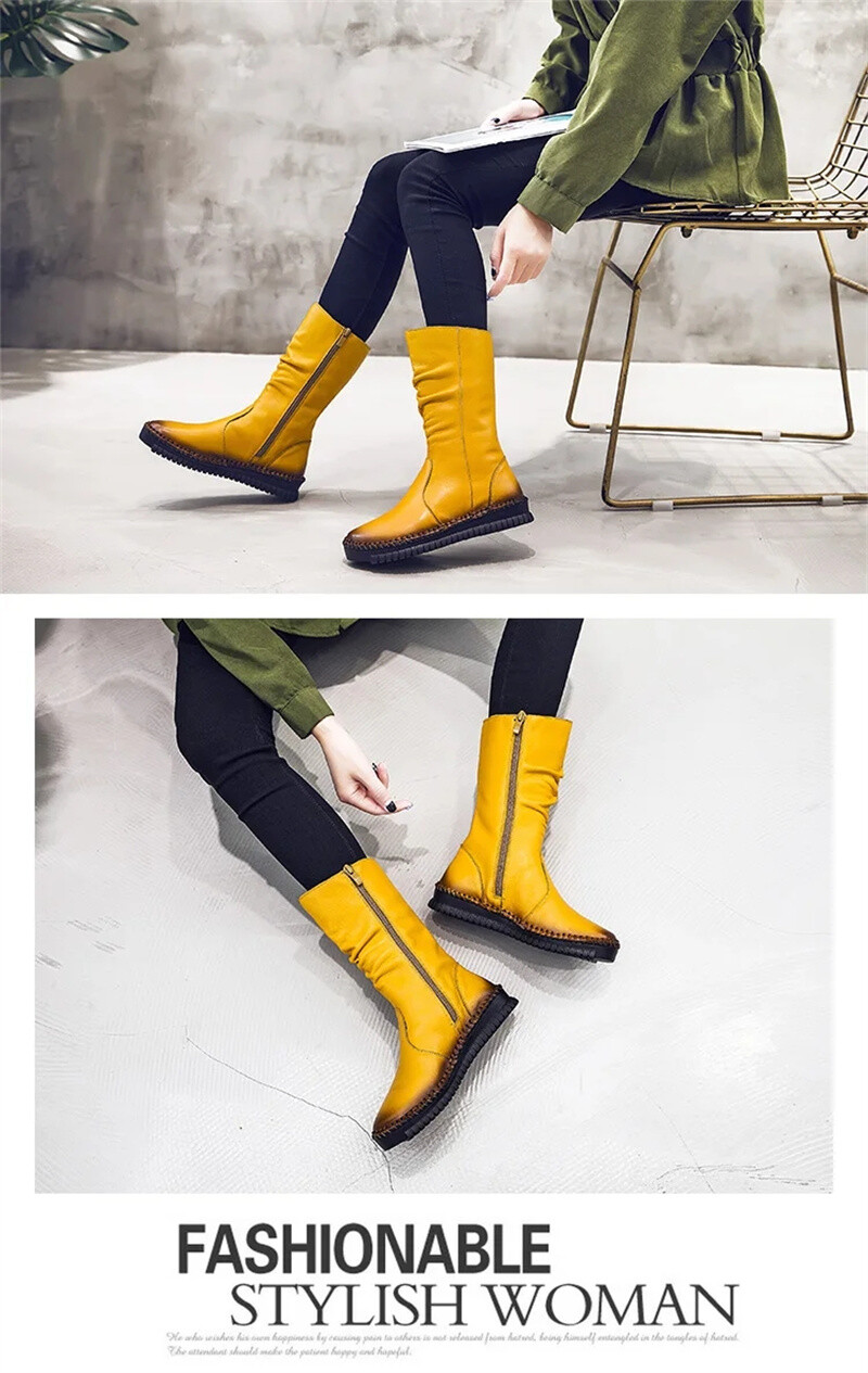 Women Boots Autumn Leather Retro Mid-Calf Boots Flat Shoes Real Leather Boots