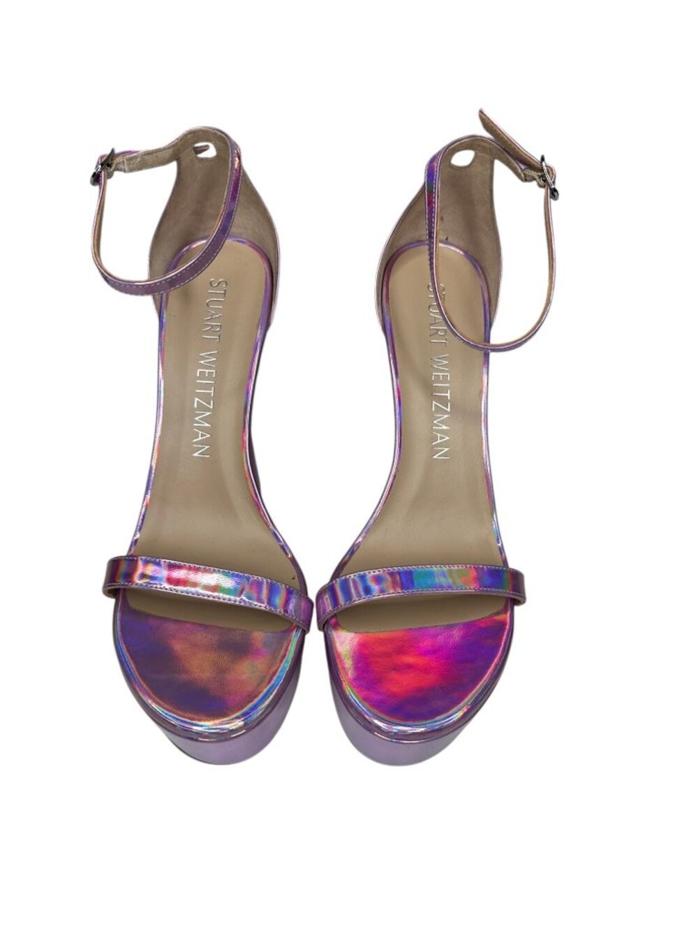 Stuart Weitzman Nudist Curve Platform Heels in Iridescent Pink. 10