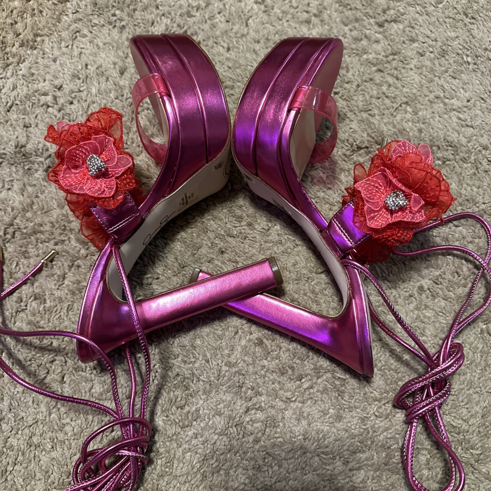 JESSICA SIMPSON Size 9.5M Iyla Pink Jewel Strappy Heels Lace Flowers Wrap Ankle