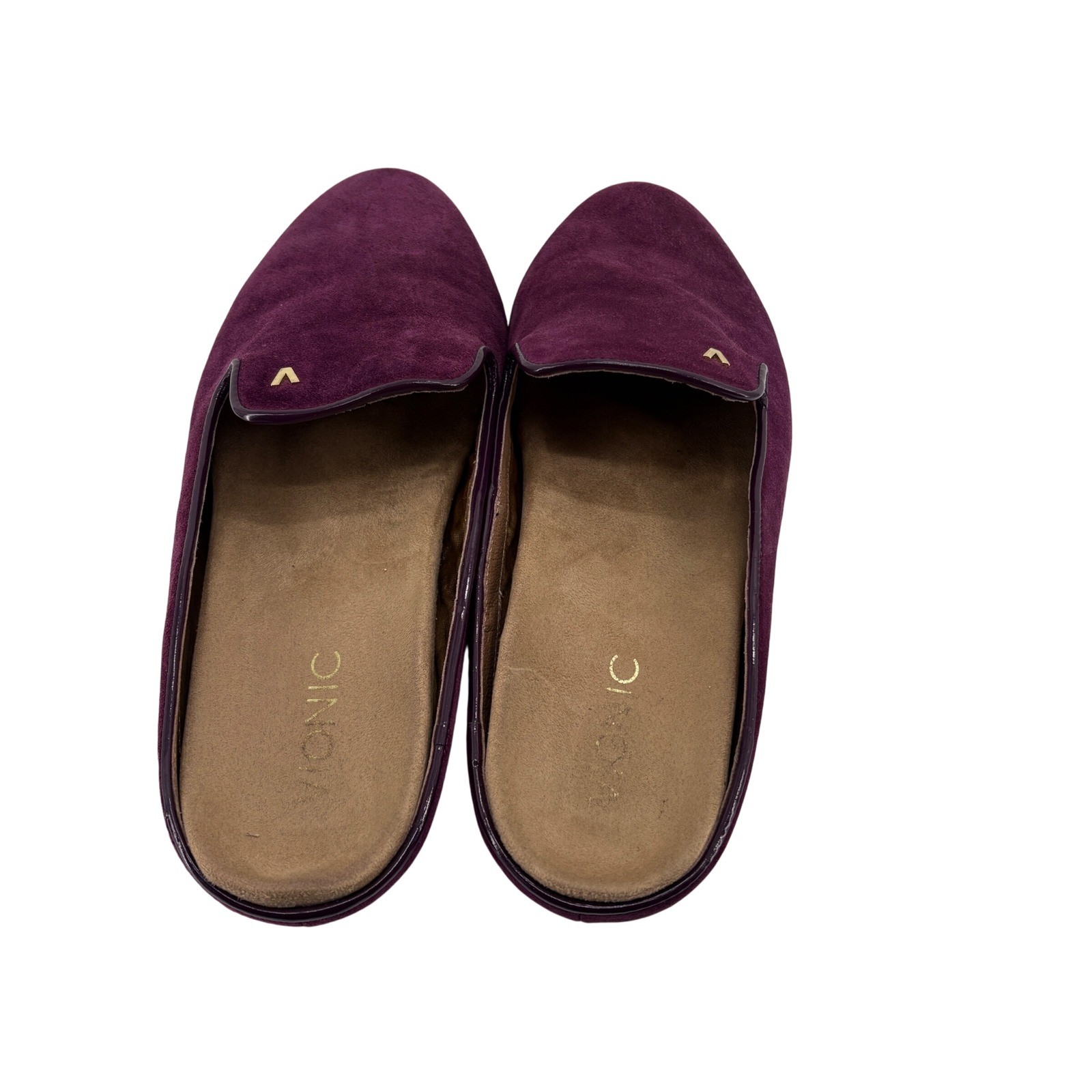 Vionic Carnegie Plum Purple Suede Mules Slides Womens 10 TVW5265 Gold Logo Comfy