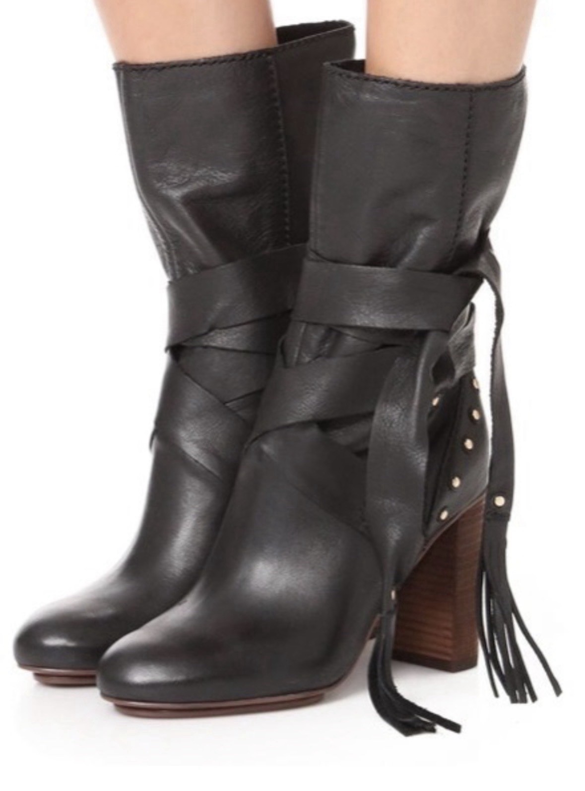 SEE BY CHLOE Size 6.5 Dasha Calf Stud Boots Fringe Ties Mid Black Heels