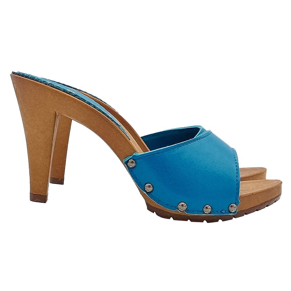 Royal Blue Leather Clogs With 9 Heel – Made In Italy – K639001 ROYAL BLUE