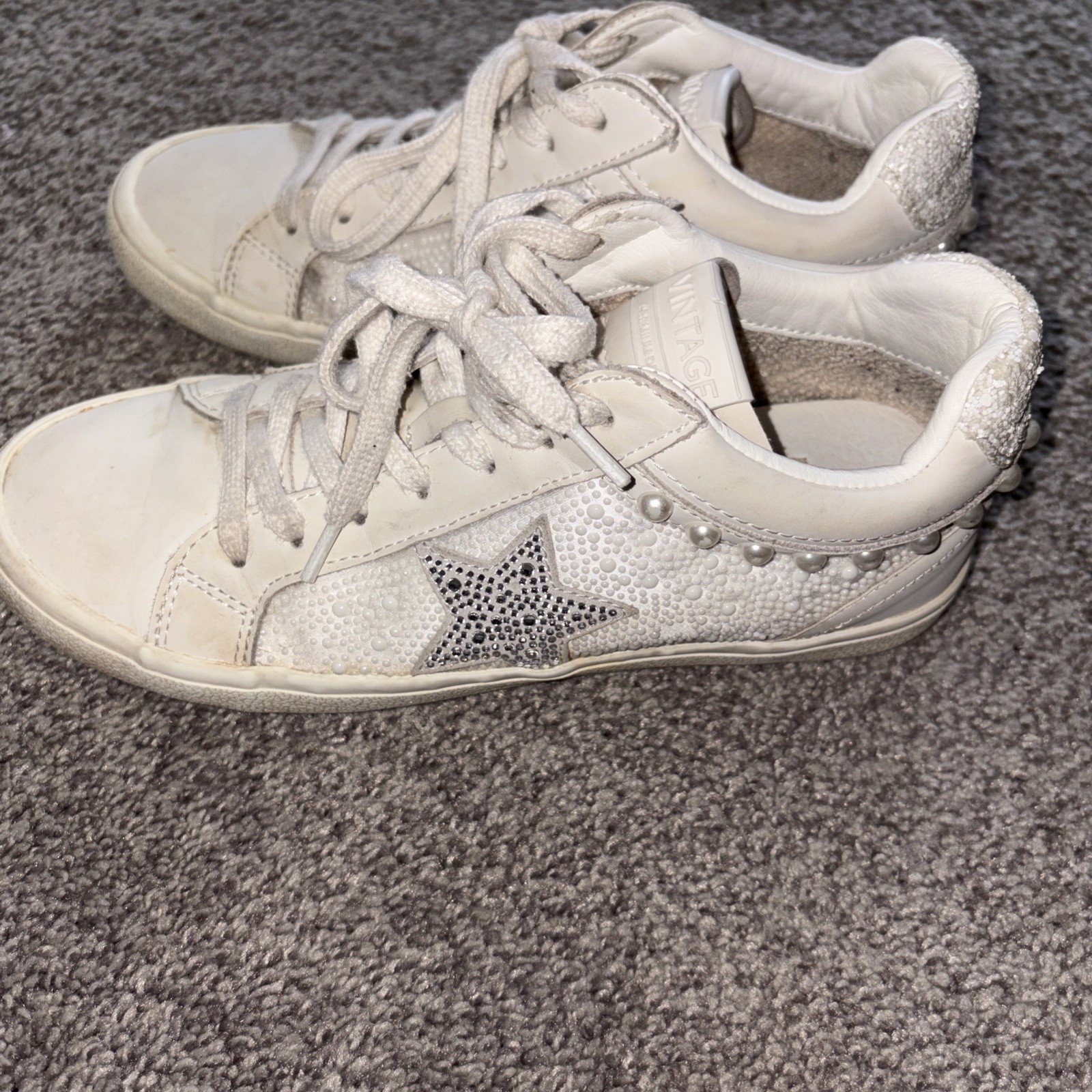 Prescila White Beaded Rhinestone Vintage Havana Sneakers Size 8