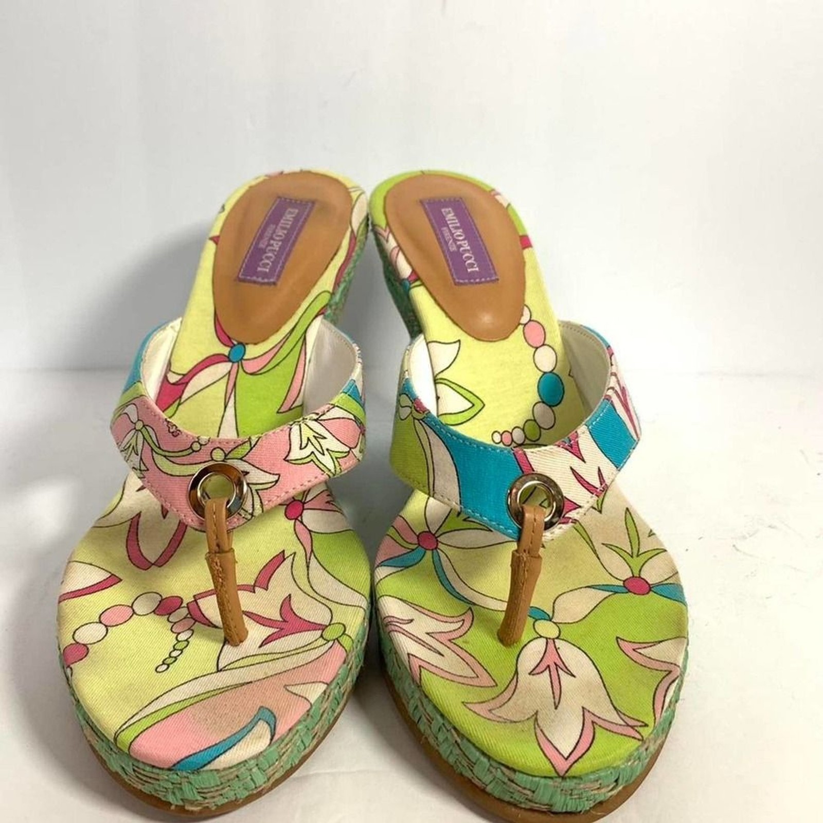 Emilio Pucci Abstract Psychedelic Multicolo Heeled Flip Flop Wedges Size 35