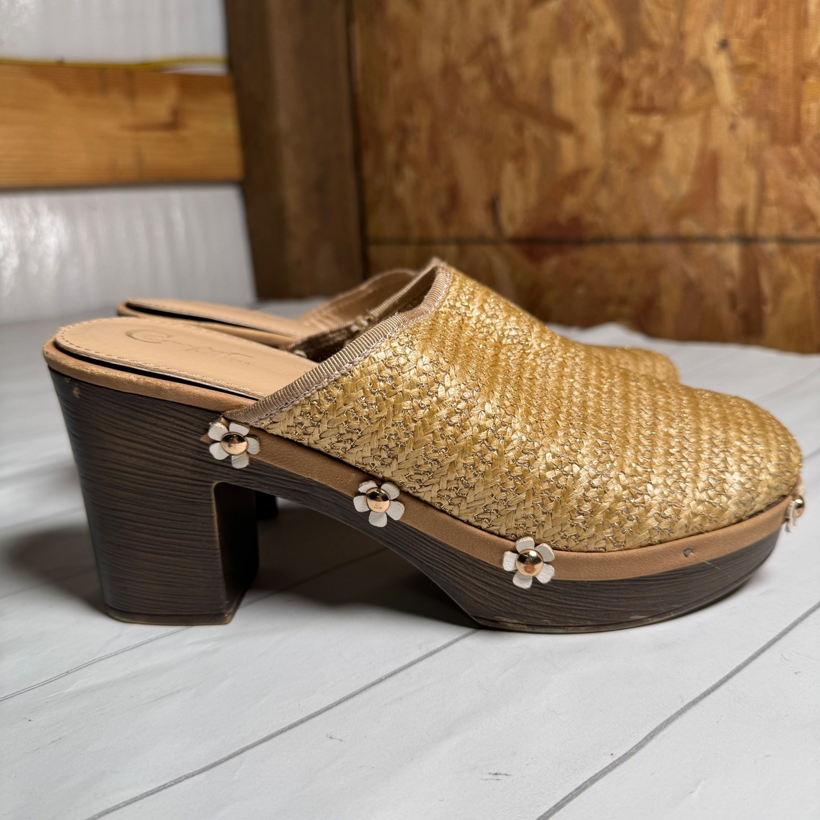 Floral Studded Mule Clogs Heeled Sandals Boho Bohemian Hippie 70s Retro Look 7M