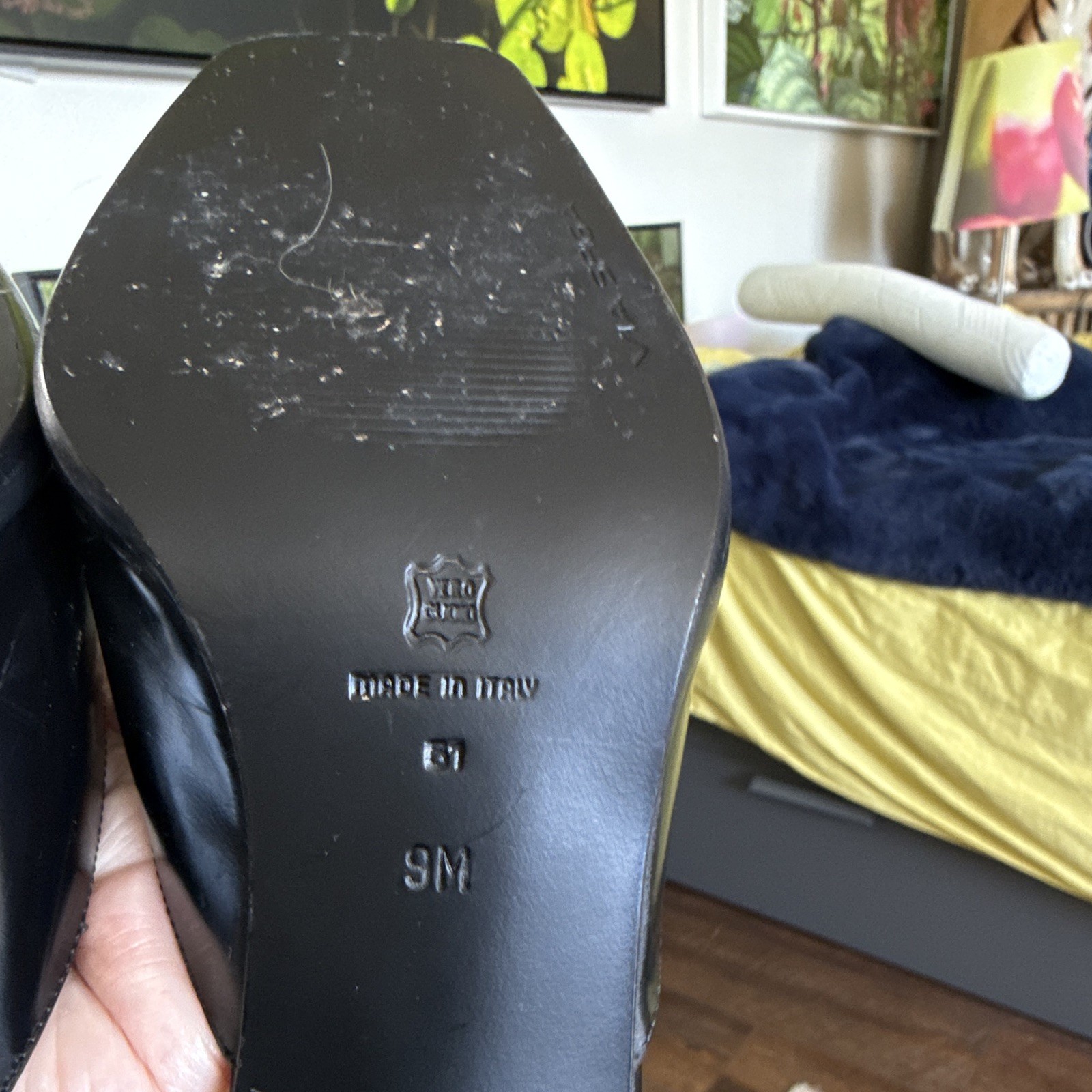 Via Spiga Women’s Black Leather Square Toe Mule Slip On Block Heel Shoes 9M
