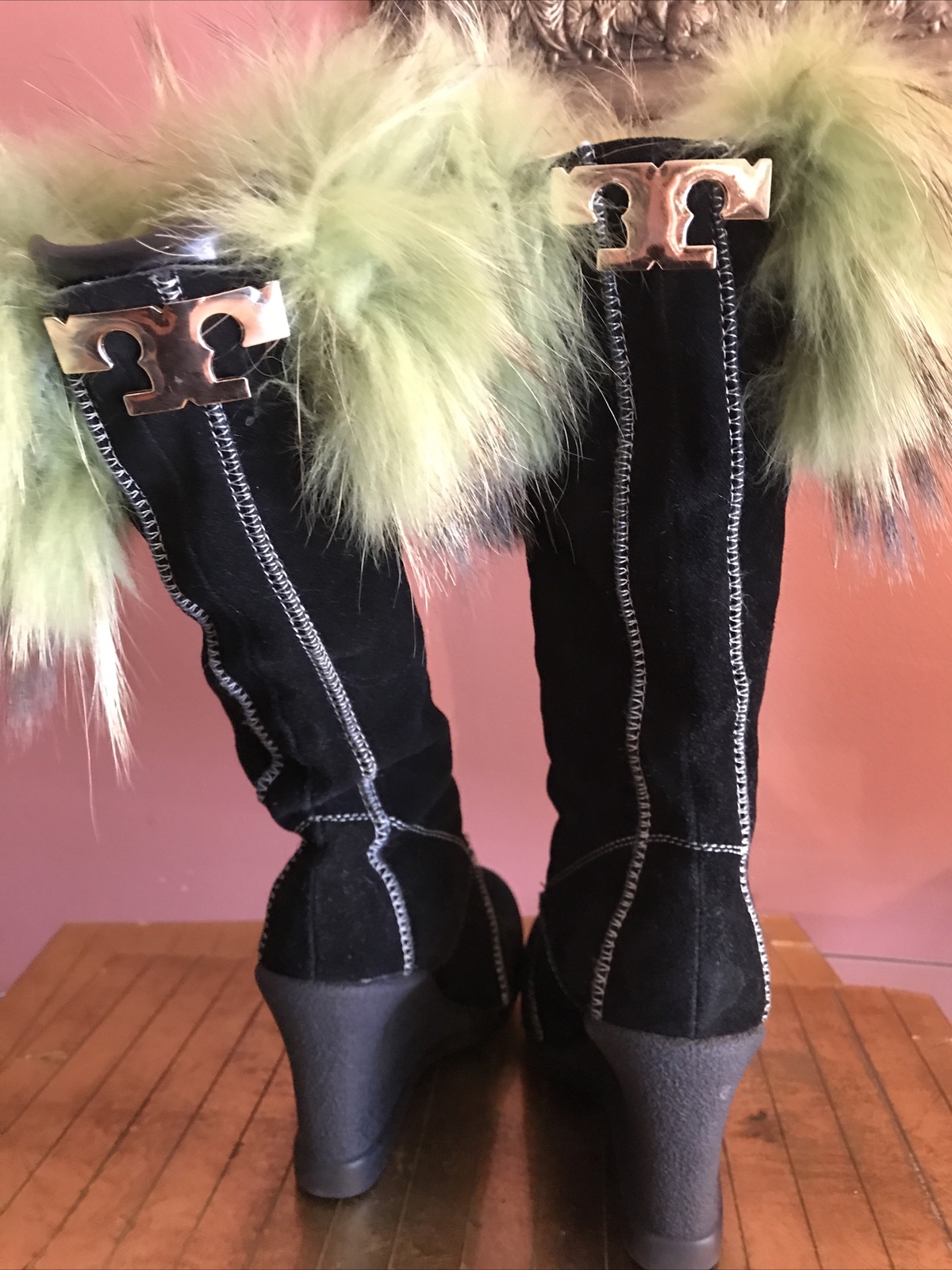 Handmade GORGEOUS BLACK SUEDE & FOX NATURAL FUR wedge BOOTS sz US 7.0