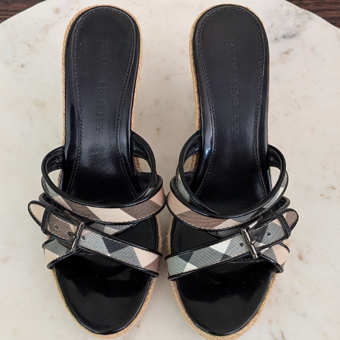 Burberry Nova Check Espadrille Wedge Sandals Black Patent Leather IT 37 3460643