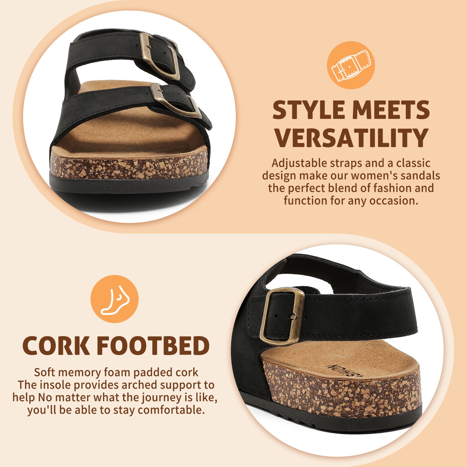 Cork Sandals for Women Men Summer Flat Slides Beach Shoes Adjustable Back Straps