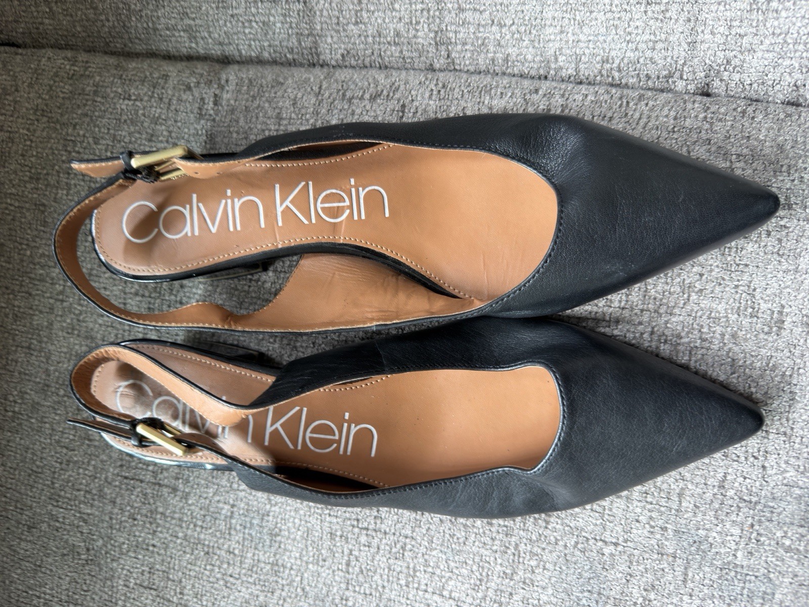 Calvin Klein Women’s Black Leather Pointed Toe Slingback Buckle Block Heels