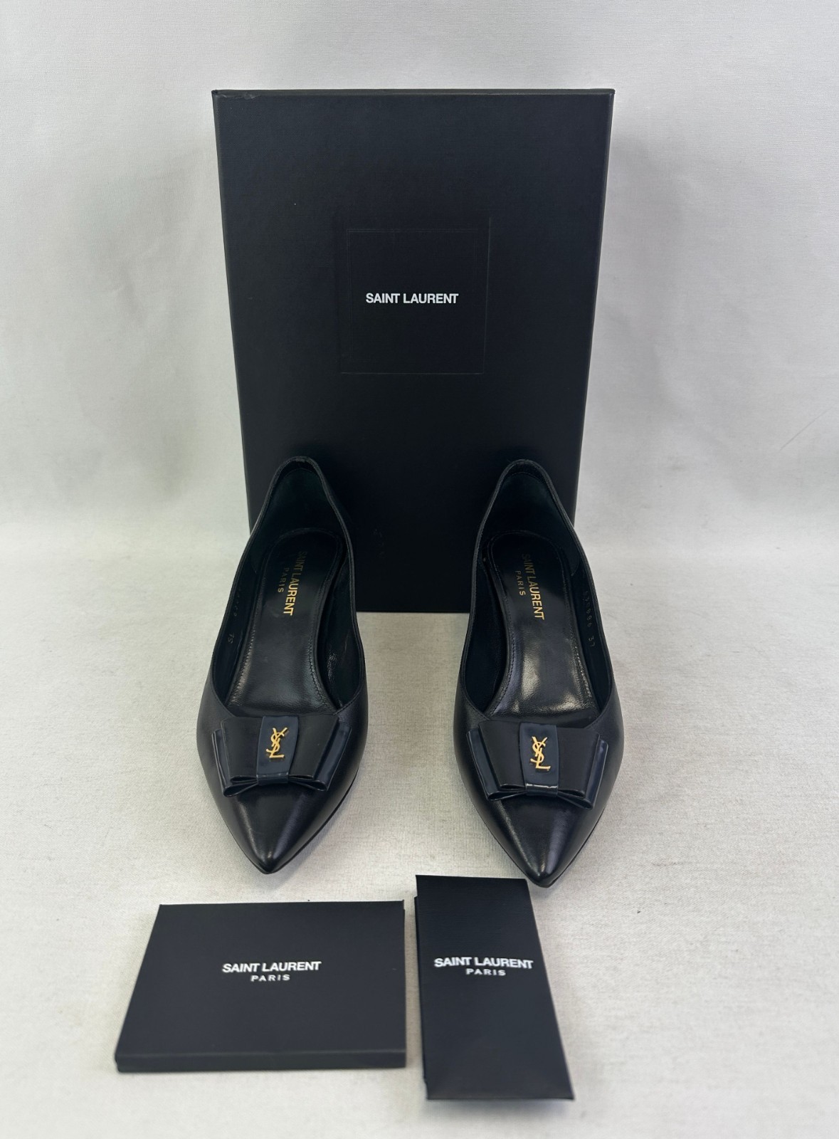 YSL SAINT LAURENT Anais 55 Pumps 37 7 Black Navy Pointed Toe Bow Gold Logo Shoes