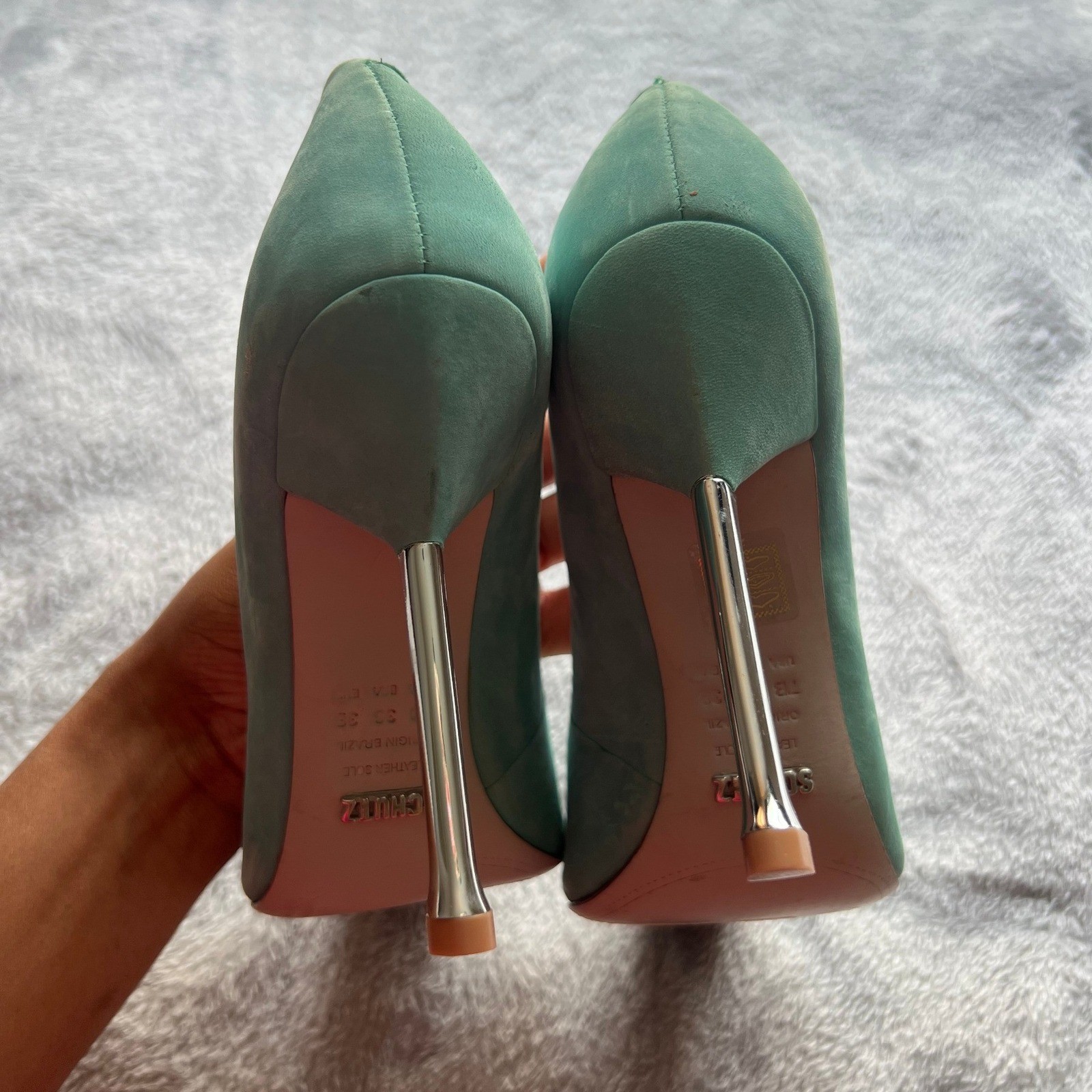 Schutz Seafoam Green Suede Metallic Cap Toe Stiletto Pumps Heels Size 7.5B