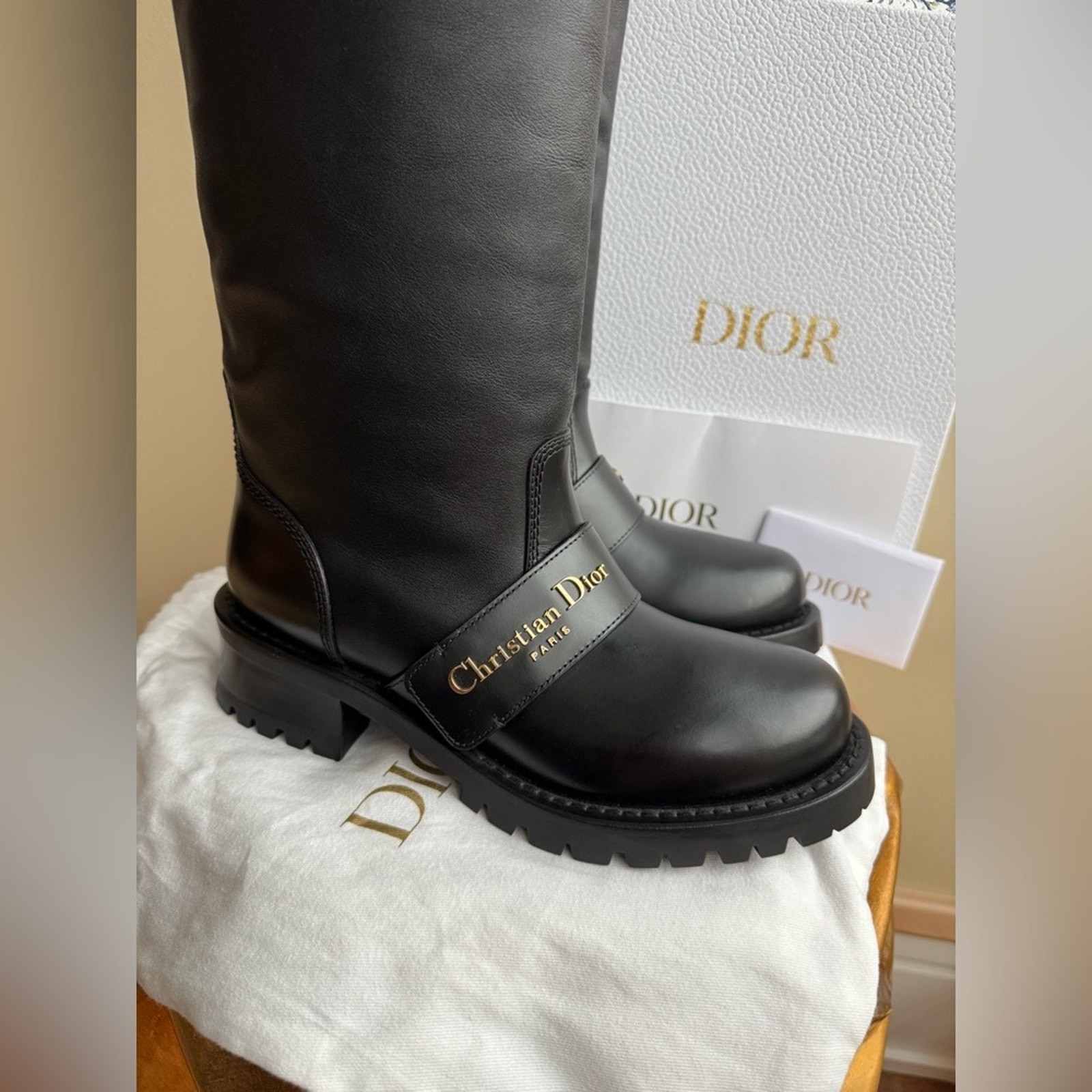 NWT Christian Dior D-Quest Thigh Black Leather Boots, size 37 (US 6-6.5)