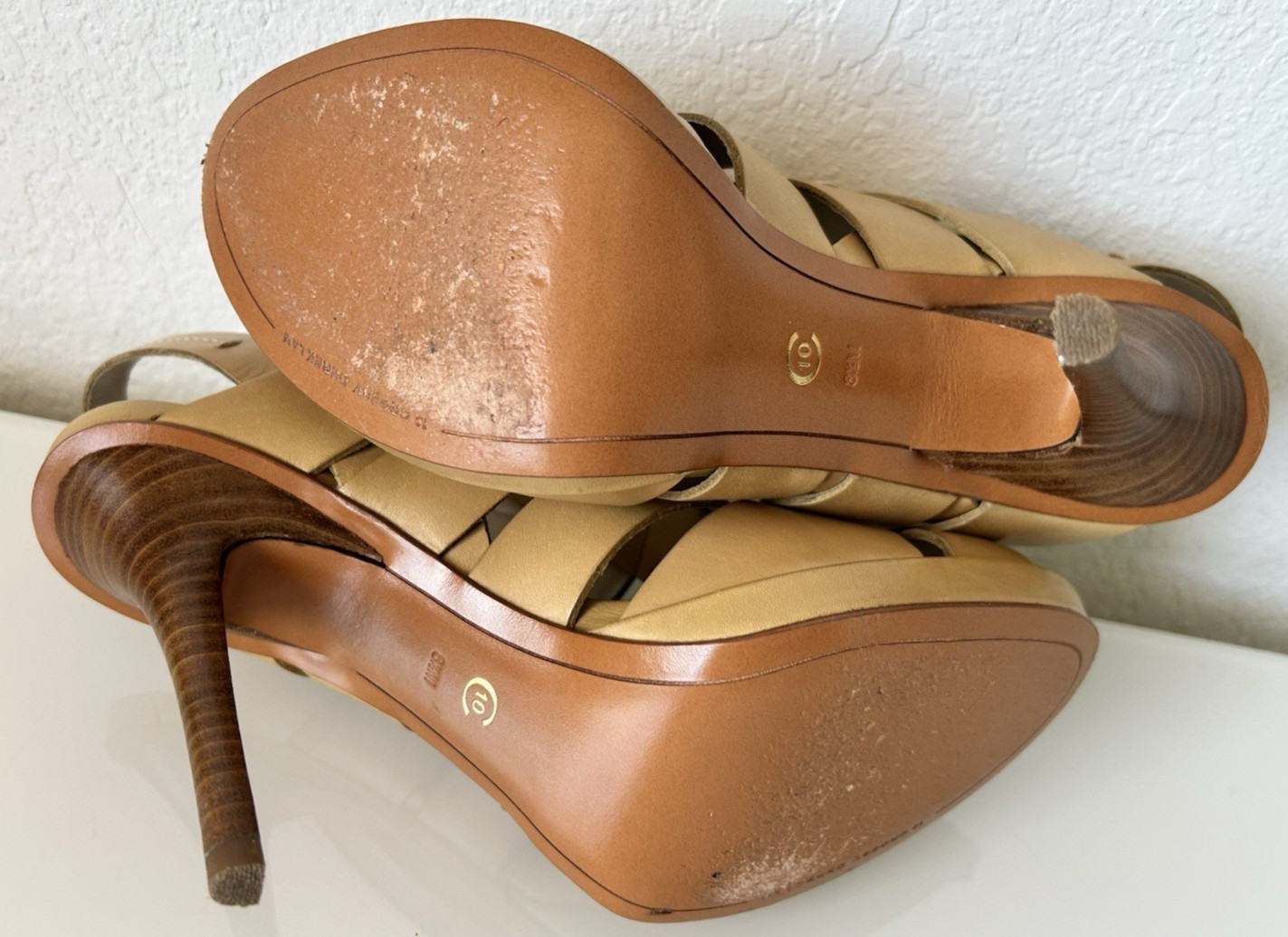 10 Crosby Derek Lam Leather Slingback Size 8.5 Peep Toe Stiletto Heel Tan EUC