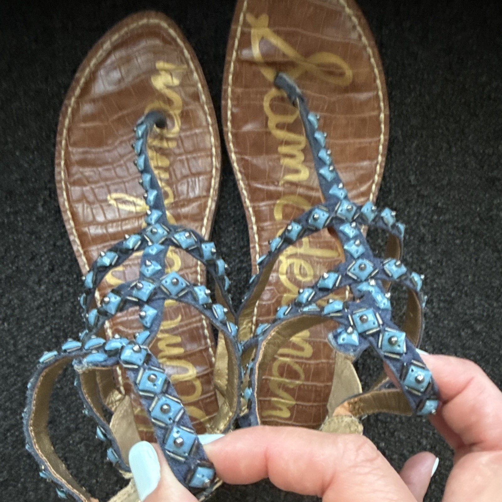 Sam Edelman Women’s US 9 M Blue Leather Studded Zebra Strappy Flat Sandals Zip