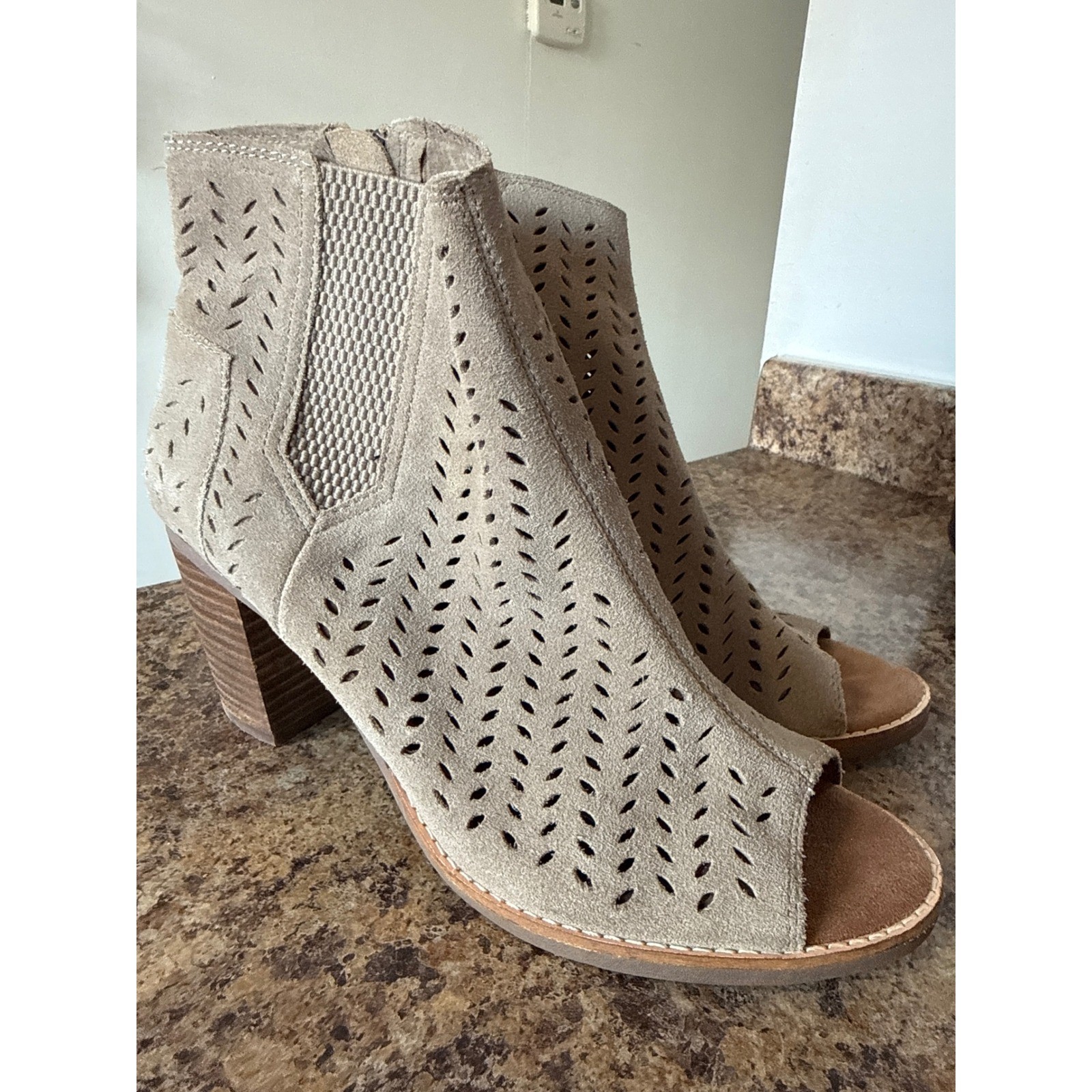 TOMS Majorca Size 10 Peep Toe Booties Desert Taupe Suede Perforated Ankle Boots