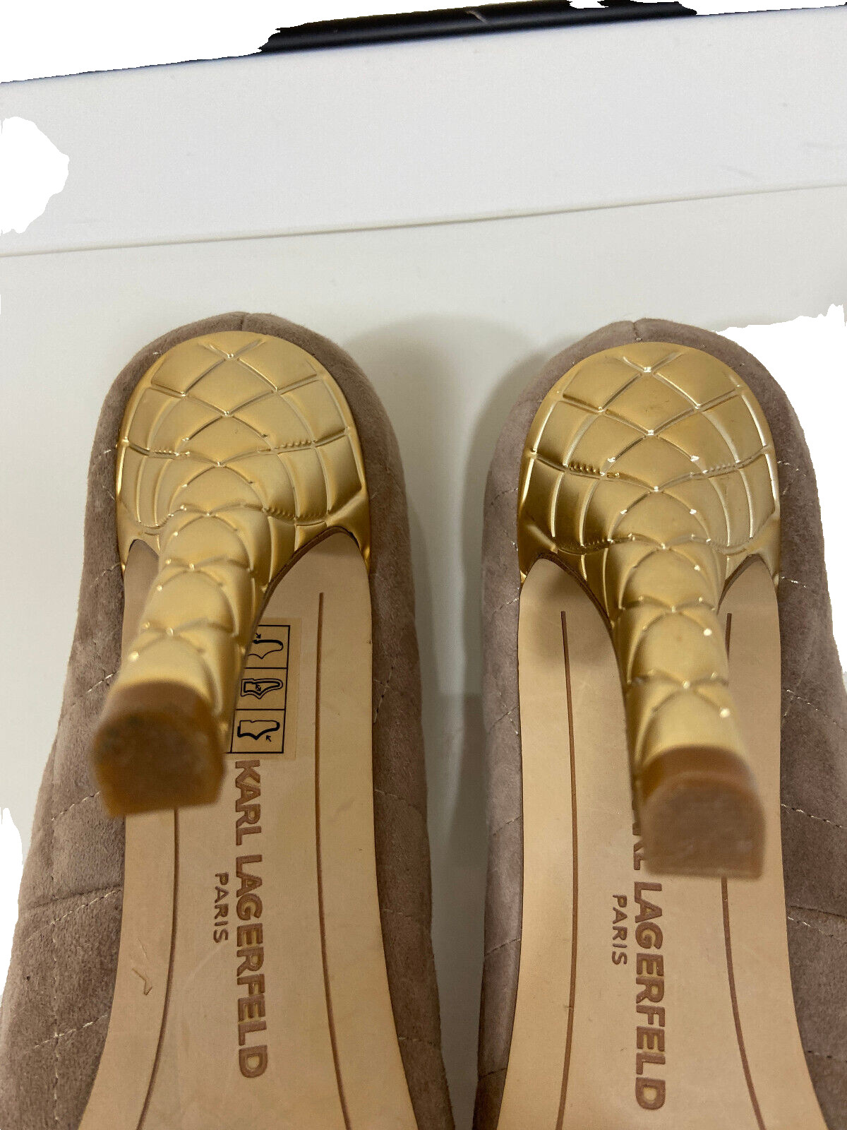 Karl Lagerfeld Paris Women Heels 7.5M Beige Quilted textile Suede 4″ Gold Heels