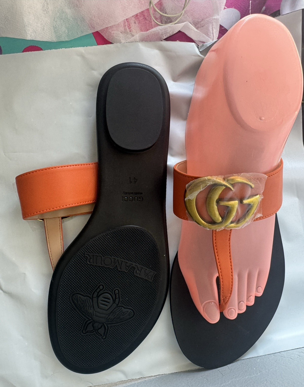 Gucci Women’s Orange Solid Leather Slide Sandals Logo Buckle Slip On US 11