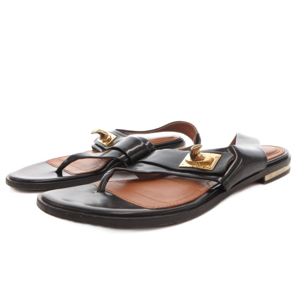 GIVENCHY Sandals Black Brown Leather Strap Gold Hardware 9cm/3.5″ AB Condition