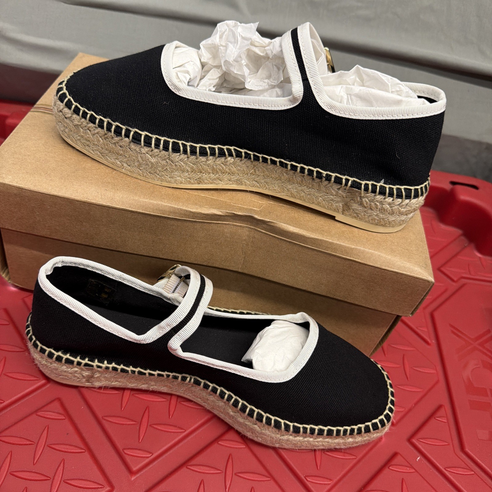 MAEVE Mary Jane Espadrille Flats – Pitch Black Size 38EU