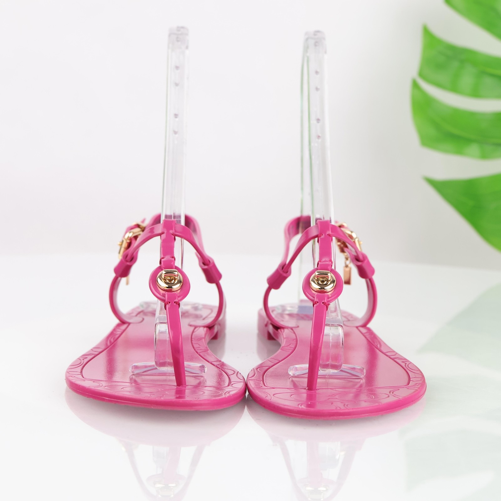 Coach Womens Pier Sandals Size 7 Hot Pink PVC Jelly Thong Ankle Strap Turnlock